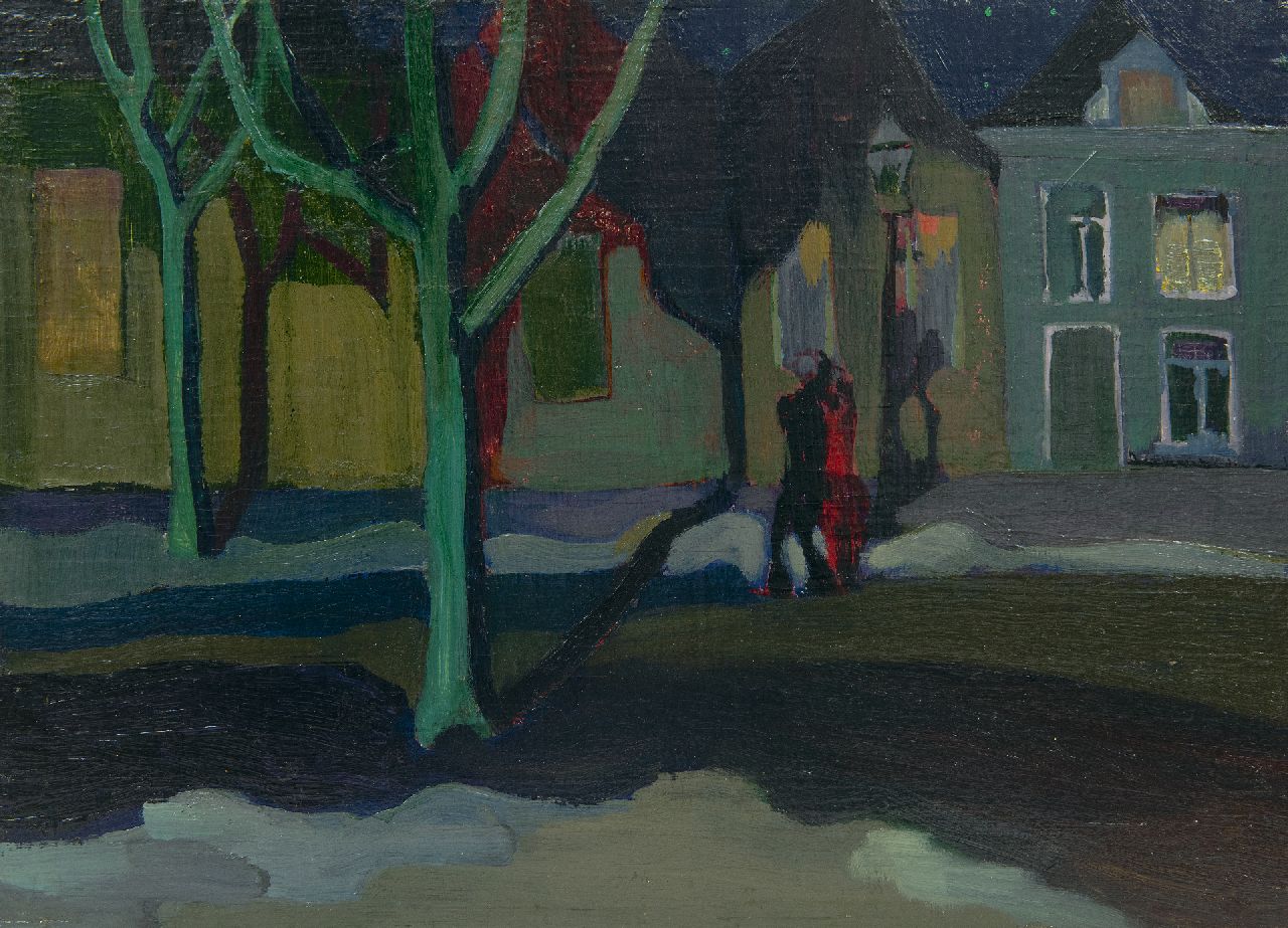 Martens G.G. | Gijsbert 'George' Martens, Gearmd paar op het Groningse Kattendiep bij avond, olieverf op paneel 31,0 x 42,5 cm, gesigneerd verso en te dateren ca. 1925 Martens G.G. | Gijsbert 'George' Martens, Gearmd paar op het Groningse Kattendiep bij avond, olieverf op paneel 31,0 x 42,5 cm, gesigneerd verso en te dateren ca. 1925
