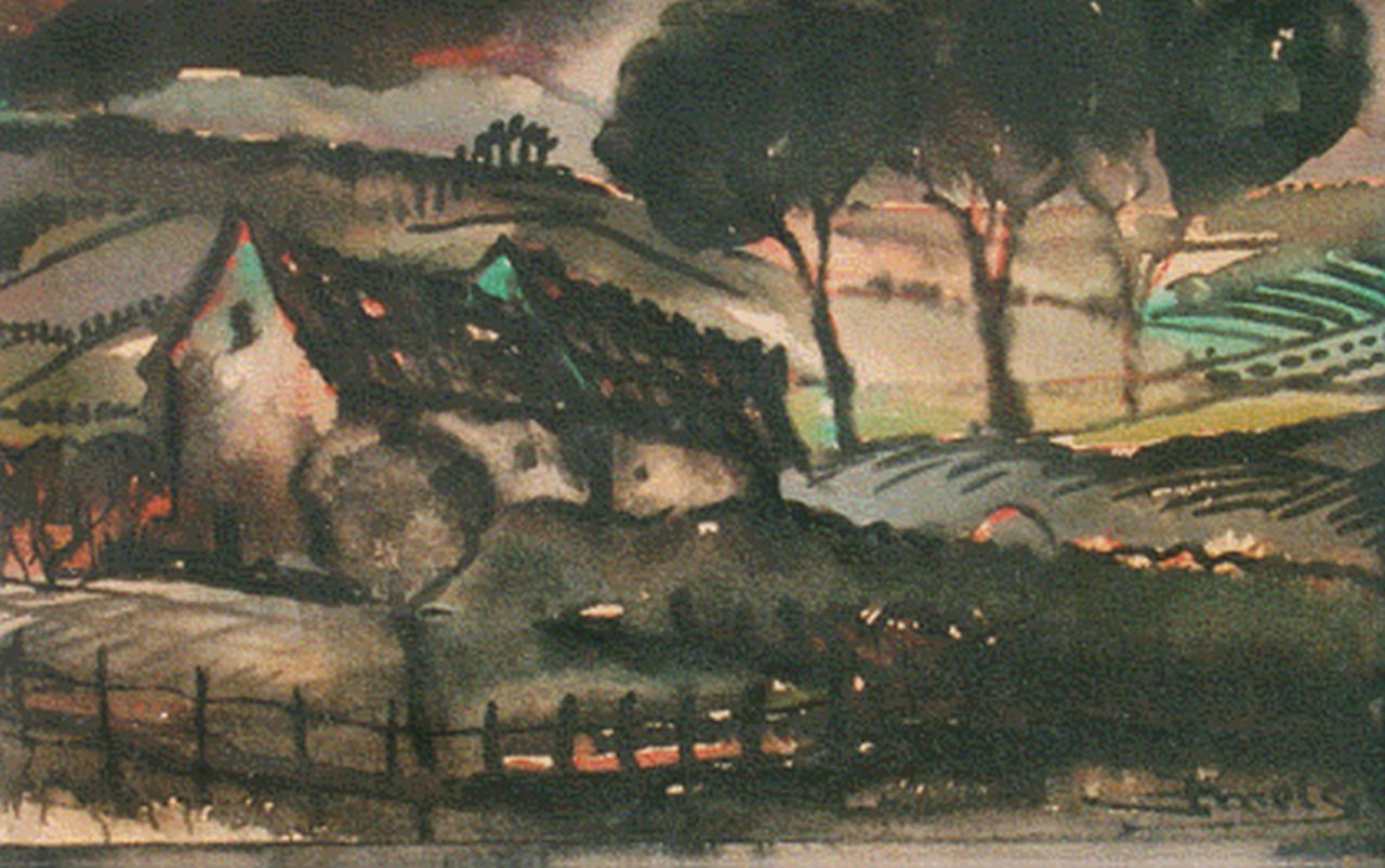 Mels J.W.A.A.M. | Jacobus Wilhelmus Aloijsius Adrianus Maria Mels, Landschap, aquarel op papier 9,5 x 19,5 cm, gesigneerd linksonder Mels J.W.A.A.M. | Jacobus Wilhelmus Aloijsius Adrianus Maria Mels, Landschap, aquarel op papier 9,5 x 19,5 cm, gesigneerd linksonder