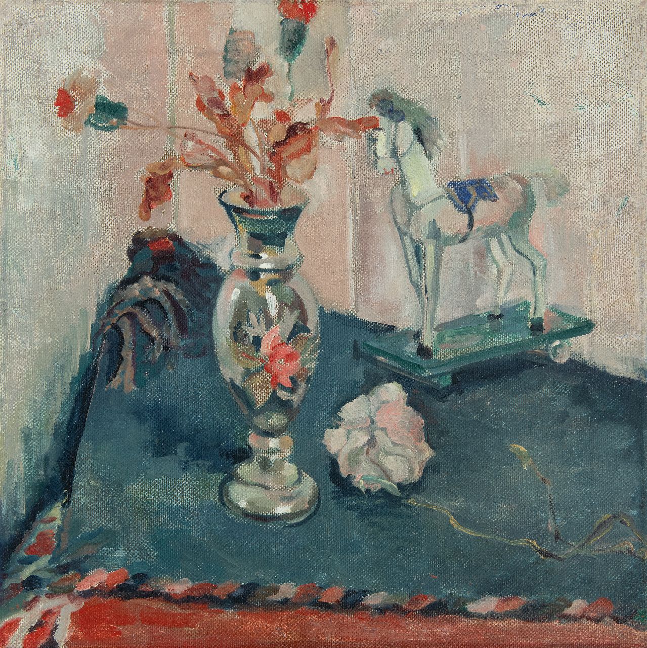 Martens G.G.  | Gijsbert 'George' Martens | Schilderijen te koop aangeboden | Stilleven met bloemen en speelgoedpaardje, olieverf op doek 50,5 x 50,3 cm, gesigneerd verso op spieraam