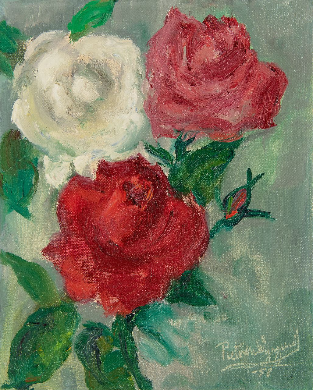 Wijngaerdt P.T. van | Petrus Theodorus 'Piet' van Wijngaerdt | Schilderijen te koop aangeboden | Rozen, olieverf op doek 28,0 x 22,0 cm, gesigneerd rechtsonder en gedateerd '53 Wijngaerdt P.T. van | Petrus Theodorus 'Piet' van Wijngaerdt | Schilderijen te koop aangeboden | Rozen, olieverf op doek 28,0 x 22,0 cm, gesigneerd rechtsonder en gedateerd '53