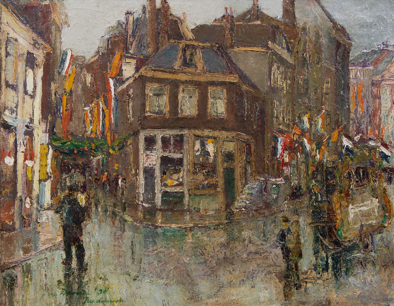 Deventer J. van | Johannes 'John' van Deventer | Schilderijen te koop aangeboden | Feest in de Reguliersdwarsstraat, Amsterdam, olieverf op doek 55,7 x 70,3 cm, gesigneerd linksonder en gedateerd '38, zonder lijst Deventer J. van | Johannes 'John' van Deventer | Schilderijen te koop aangeboden | Feest in de Reguliersdwarsstraat, Amsterdam, olieverf op doek 55,7 x 70,3 cm, gesigneerd linksonder en gedateerd '38, zonder lijst