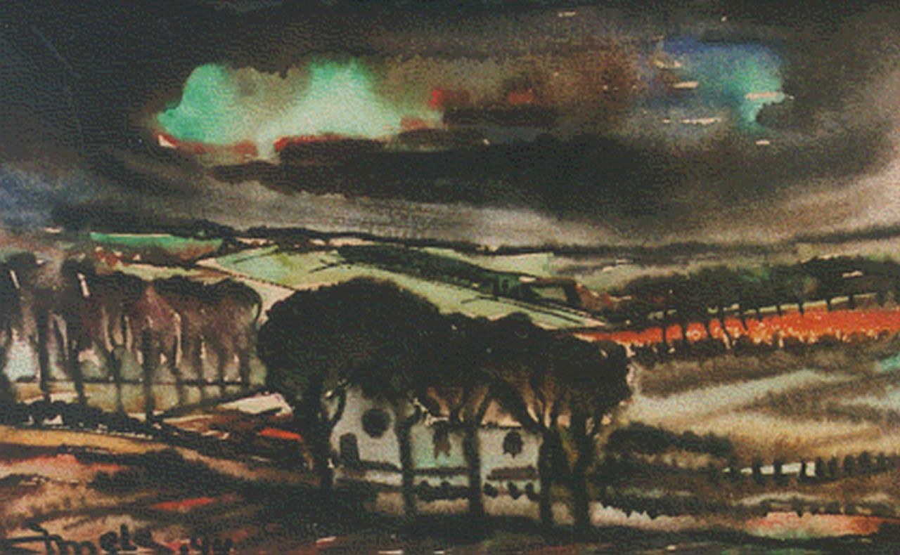 Mels J.W.A.A.M. | Jacobus Wilhelmus Aloijsius Adrianus Maria Mels, Landschap, aquarel op papier 13,0 x 21,5 cm, gesigneerd linksonder en gedateerd '44 Mels J.W.A.A.M. | Jacobus Wilhelmus Aloijsius Adrianus Maria Mels, Landschap, aquarel op papier 13,0 x 21,5 cm, gesigneerd linksonder en gedateerd '44