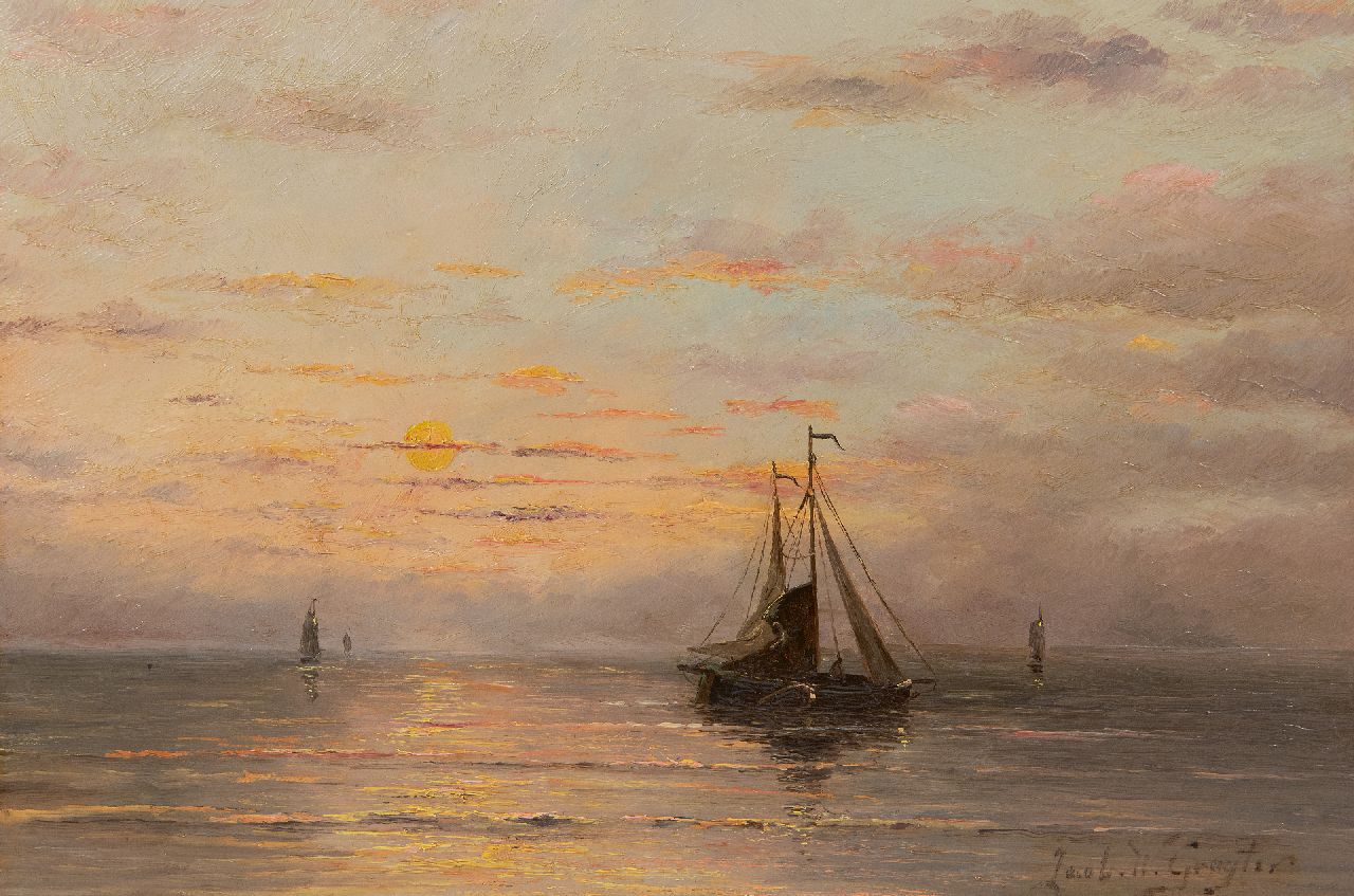 Gruijter J.W. | Jacob Willem Gruijter, Vissersschepen op kalme zee, olieverf op paneel 22,6 x 33,0 cm, gesigneerd rechtsonder Gruijter J.W. | Jacob Willem Gruijter, Vissersschepen op kalme zee, olieverf op paneel 22,6 x 33,0 cm, gesigneerd rechtsonder