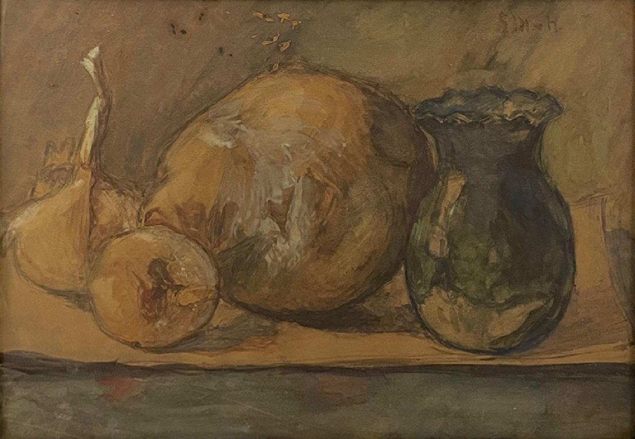 Mesdag-van Houten S. | Sina 'Sientje' Mesdag-van Houten, Stilleven met fruit en vaasje, aquarel op papier 26,4 x 37,1 cm, gesigneerd rechtsboven met initialen Mesdag-van Houten S. | Sina 'Sientje' Mesdag-van Houten, Stilleven met fruit en vaasje, aquarel op papier 26,4 x 37,1 cm, gesigneerd rechtsboven met initialen