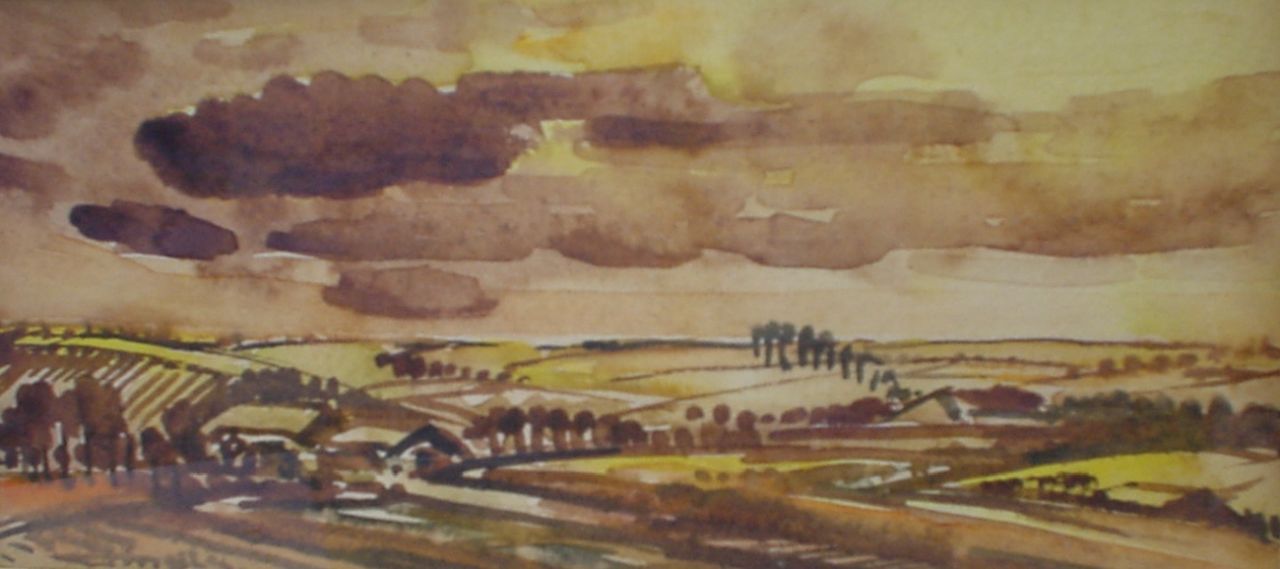 Mels J.W.A.A.M. | Jacobus Wilhelmus Aloijsius Adrianus Maria Mels, Heuvellandschap, aquarel op papier 13,0 x 21,5 cm, gesigneerd linksonder en gedateerd '44 Mels J.W.A.A.M. | Jacobus Wilhelmus Aloijsius Adrianus Maria Mels, Heuvellandschap, aquarel op papier 13,0 x 21,5 cm, gesigneerd linksonder en gedateerd '44