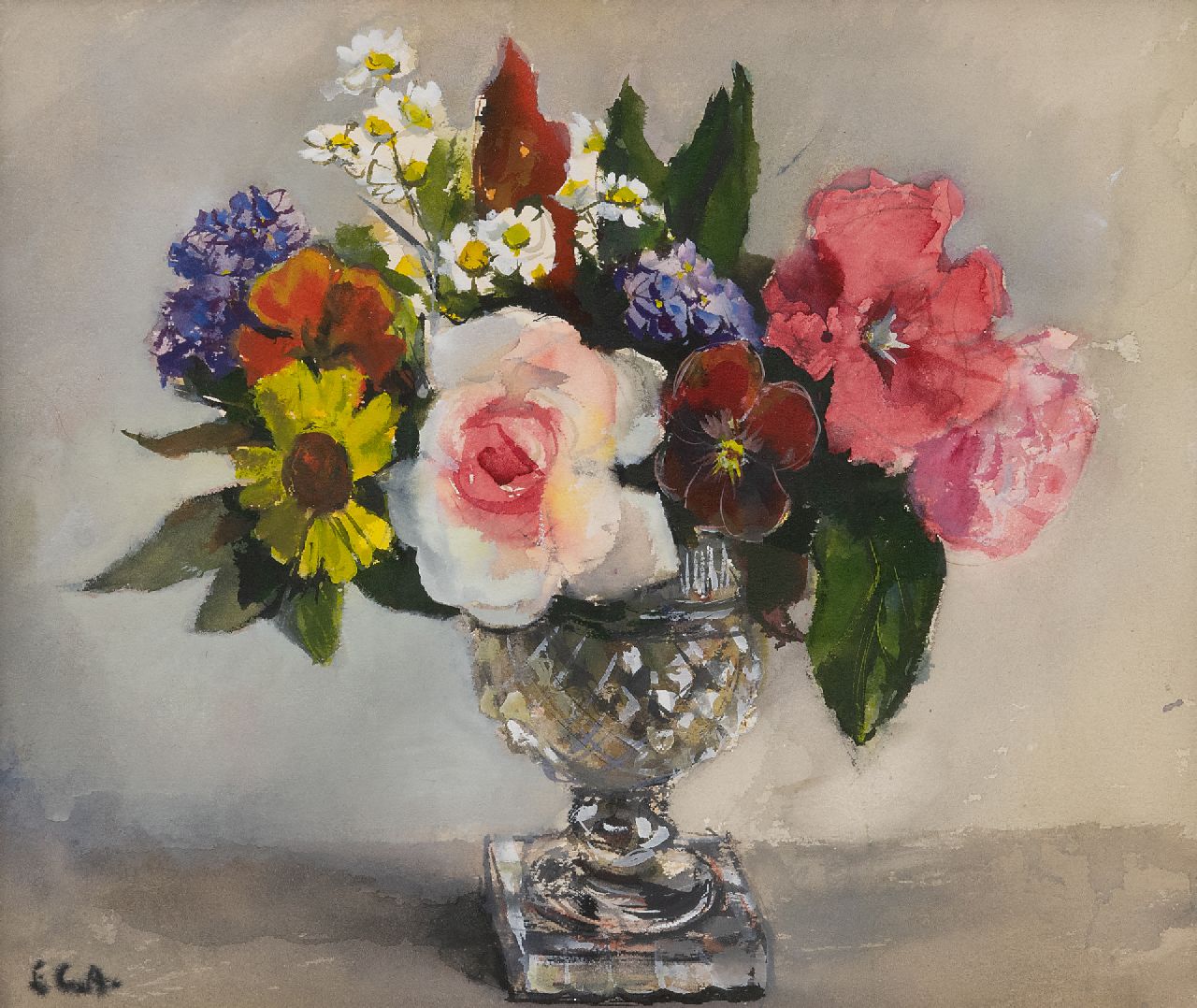 Elise Arntzenius | Zomerbloemen in een kristallen vaas, aquarel op papier, 27,0 x 32,0 cm, gesigneerd l.o. met initialen Elise Arntzenius | Zomerbloemen in een kristallen vaas, aquarel op papier, 27,0 x 32,0 cm, gesigneerd l.o. met initialen