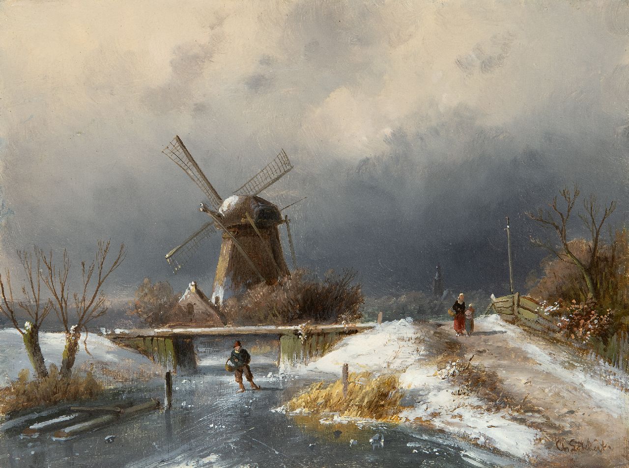 Leickert C.H.J. | 'Charles' Henri Joseph Leickert, Schaatser op een bevroren vaartje bij een molen, olieverf op paneel 19,2 x 26,0 cm, gesigneerd rechtsonder Leickert C.H.J. | 'Charles' Henri Joseph Leickert, Schaatser op een bevroren vaartje bij een molen, olieverf op paneel 19,2 x 26,0 cm, gesigneerd rechtsonder