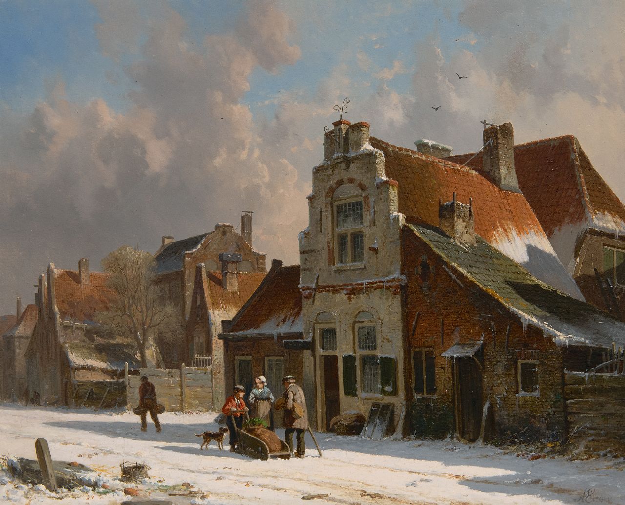 Eversen A.  | Adrianus Eversen, Figuren bij een slede in besneeuwde straat, olieverf op paneel 33,3 x 41,4 cm, gesigneerd rechtsonder voluit en met monogram