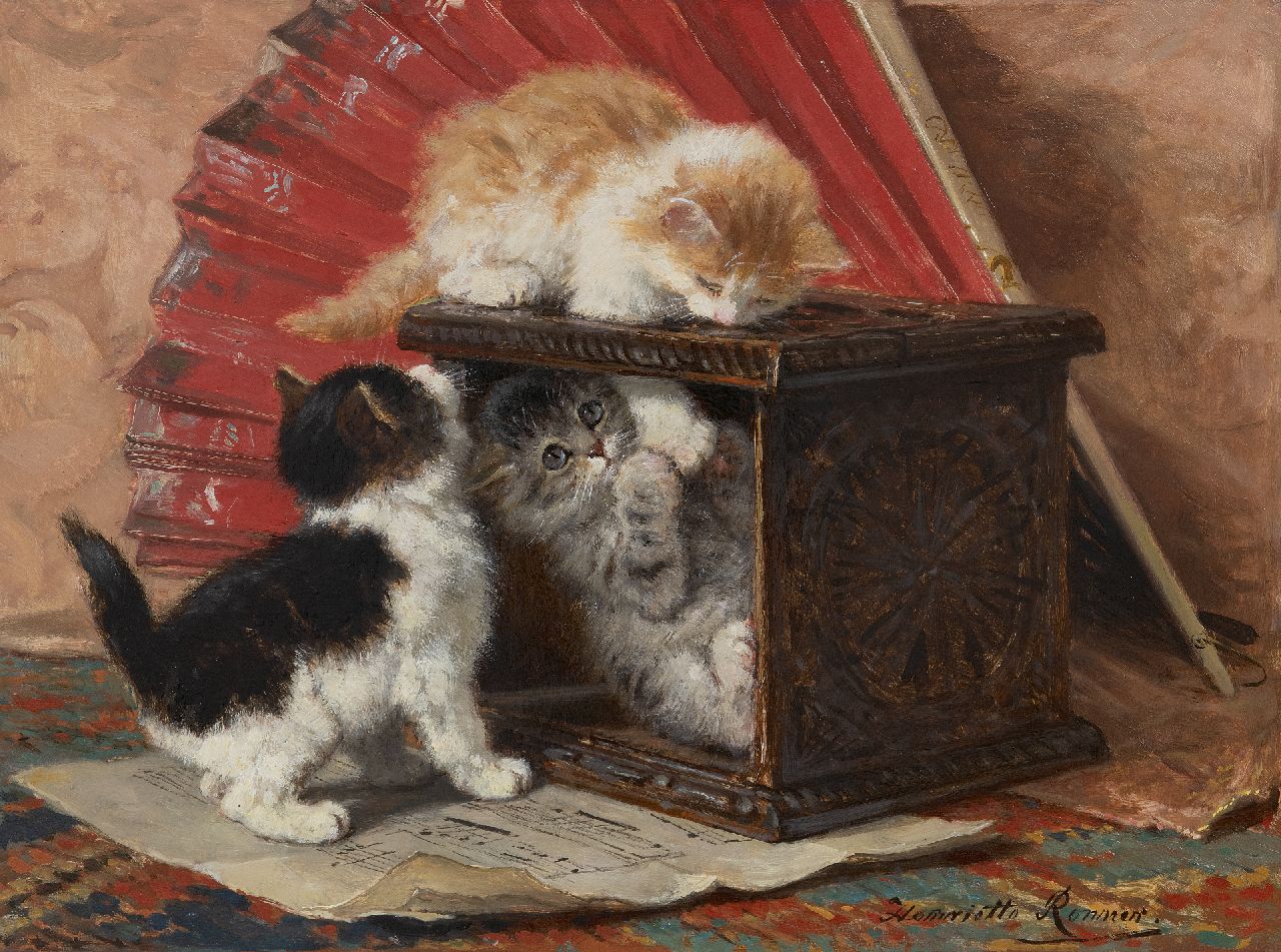 Ronner-Knip H. | Henriette Ronner-Knip, Stilleven met drie spelende kittens, olieverf op paneel 33,3 x 44,7 cm, gesigneerd rechtsonder Ronner-Knip H. | Henriette Ronner-Knip, Stilleven met drie spelende kittens, olieverf op paneel 33,3 x 44,7 cm, gesigneerd rechtsonder