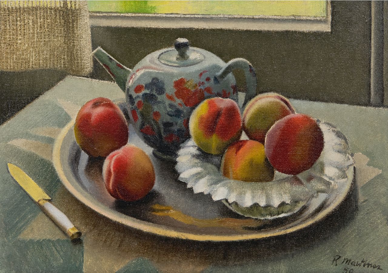 Martinez R. | Raoul Martinez | Schilderijen te koop aangeboden | Stilleven met theepot en perziken bij een raam, olieverf op doek 35,4 x 50,2 cm, gesigneerd rechtsonder en gedateerd '50 Martinez R. | Raoul Martinez | Schilderijen te koop aangeboden | Stilleven met theepot en perziken bij een raam, olieverf op doek 35,4 x 50,2 cm, gesigneerd rechtsonder en gedateerd '50