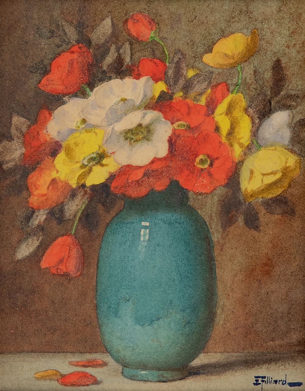Ernest Filliard | Papavers in blauwe vaas, aquarel op papier, 16,7 x 13,8 cm, gesigneerd r.o. Ernest Filliard | Papavers in blauwe vaas, aquarel op papier, 16,7 x 13,8 cm, gesigneerd r.o.