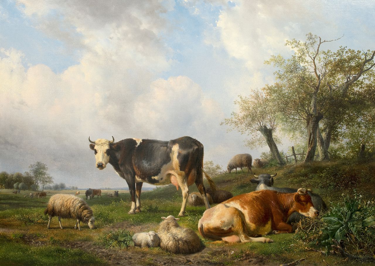 Sande Bakhuyzen H. van de | Hendrikus van de Sande Bakhuyzen | Schilderijen te koop aangeboden | Landschap met rustende koeien en schapen, olieverf op doek 108,3 x 150,1 cm, gesigneerd linksonder Sande Bakhuyzen H. van de | Hendrikus van de Sande Bakhuyzen | Schilderijen te koop aangeboden | Landschap met rustende koeien en schapen, olieverf op doek 108,3 x 150,1 cm, gesigneerd linksonder