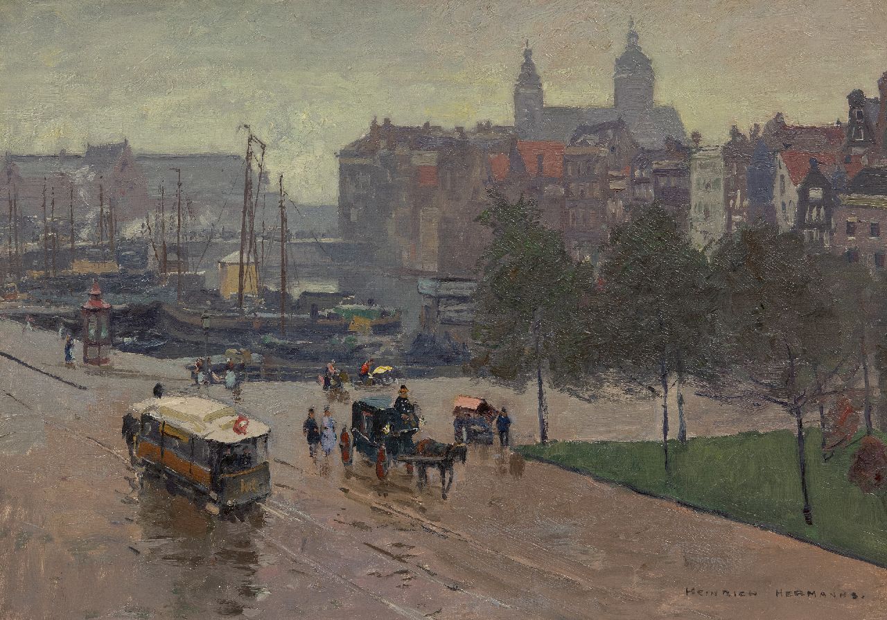 Hermanns H.  | Heinrich Hermanns, Het Damrak, Amsterdam, olieverf op doek 44,6 x 63,6 cm, gesigneerd rechtsonder