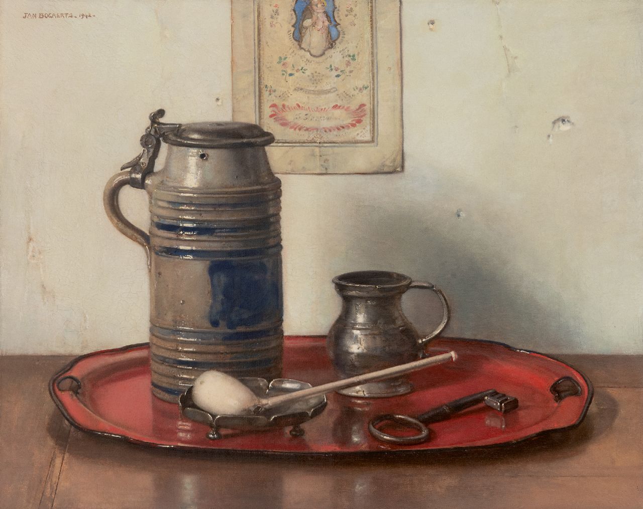 Bogaerts J.J.M. | Johannes Jacobus Maria 'Jan' Bogaerts | Schilderijen te koop aangeboden | Stilleven met Keulse kan en Goudse pijp, olieverf op doek 40,3 x 50,0 cm, gesigneerd linksboven en gedateerd 1942 Bogaerts J.J.M. | Johannes Jacobus Maria 'Jan' Bogaerts | Schilderijen te koop aangeboden | Stilleven met Keulse kan en Goudse pijp, olieverf op doek 40,3 x 50,0 cm, gesigneerd linksboven en gedateerd 1942