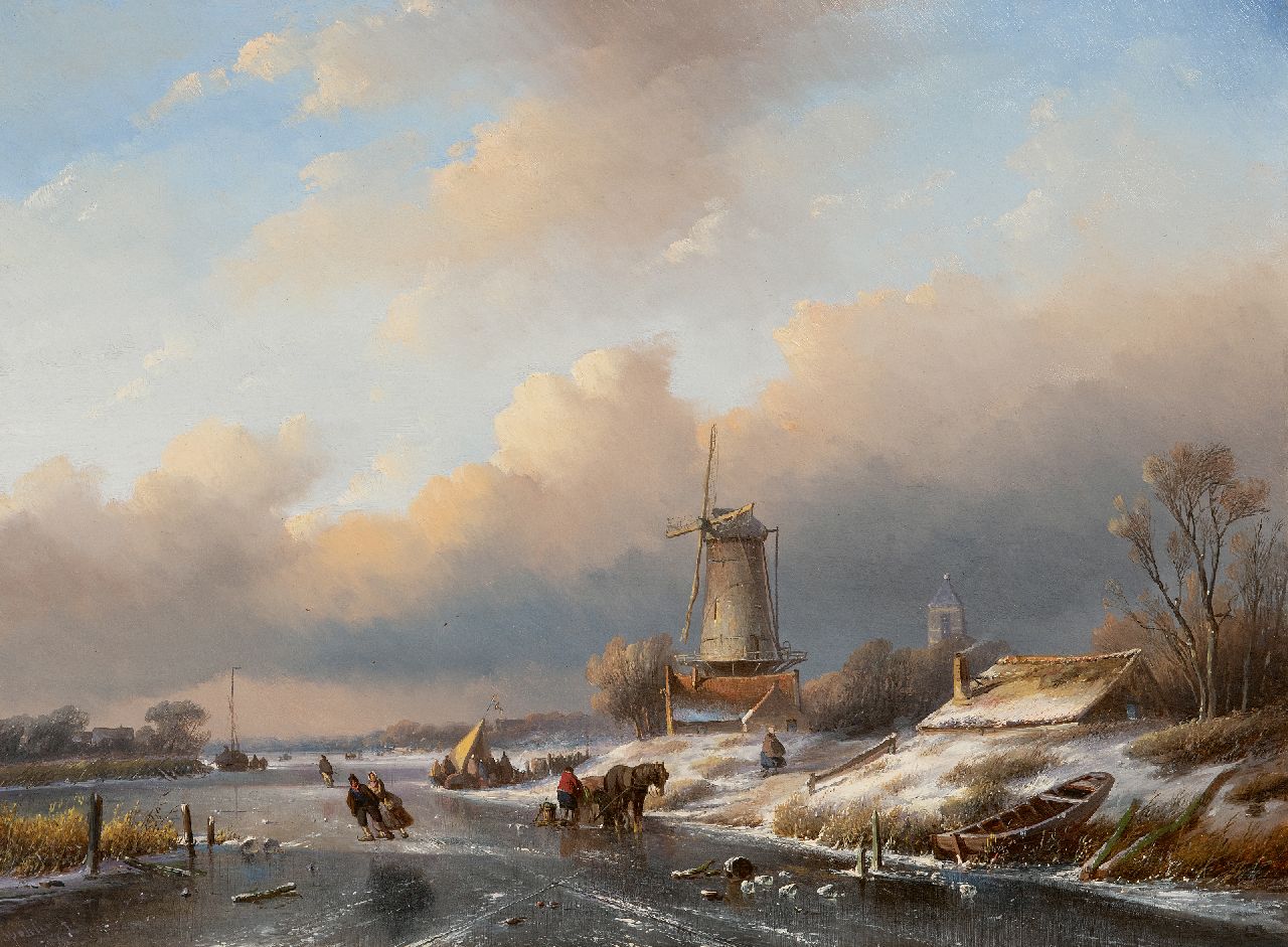 Spohler J.J.  | Jan Jacob Spohler, Winterlandschap met landvolk en schaatsers, olieverf op paneel 40,7 x 55,3 cm, gesigneerd linksonder