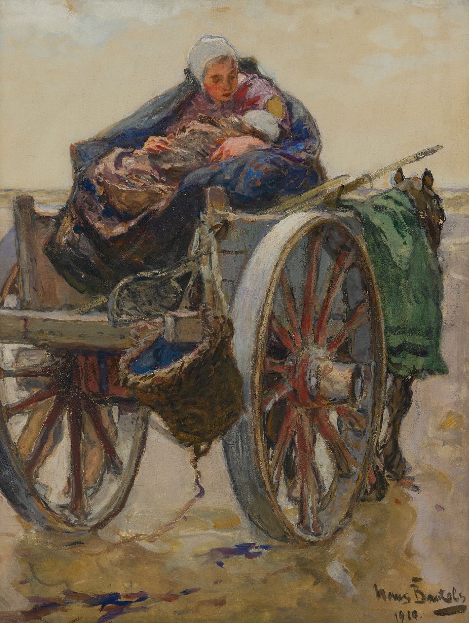Bartels H. von | Hans von Bartels, Moeder en kind op schelpenkar te Katwijk, gouache op papier 54,6 x 41,6 cm, gesigneerd rechtsonder en gedateerd 1910