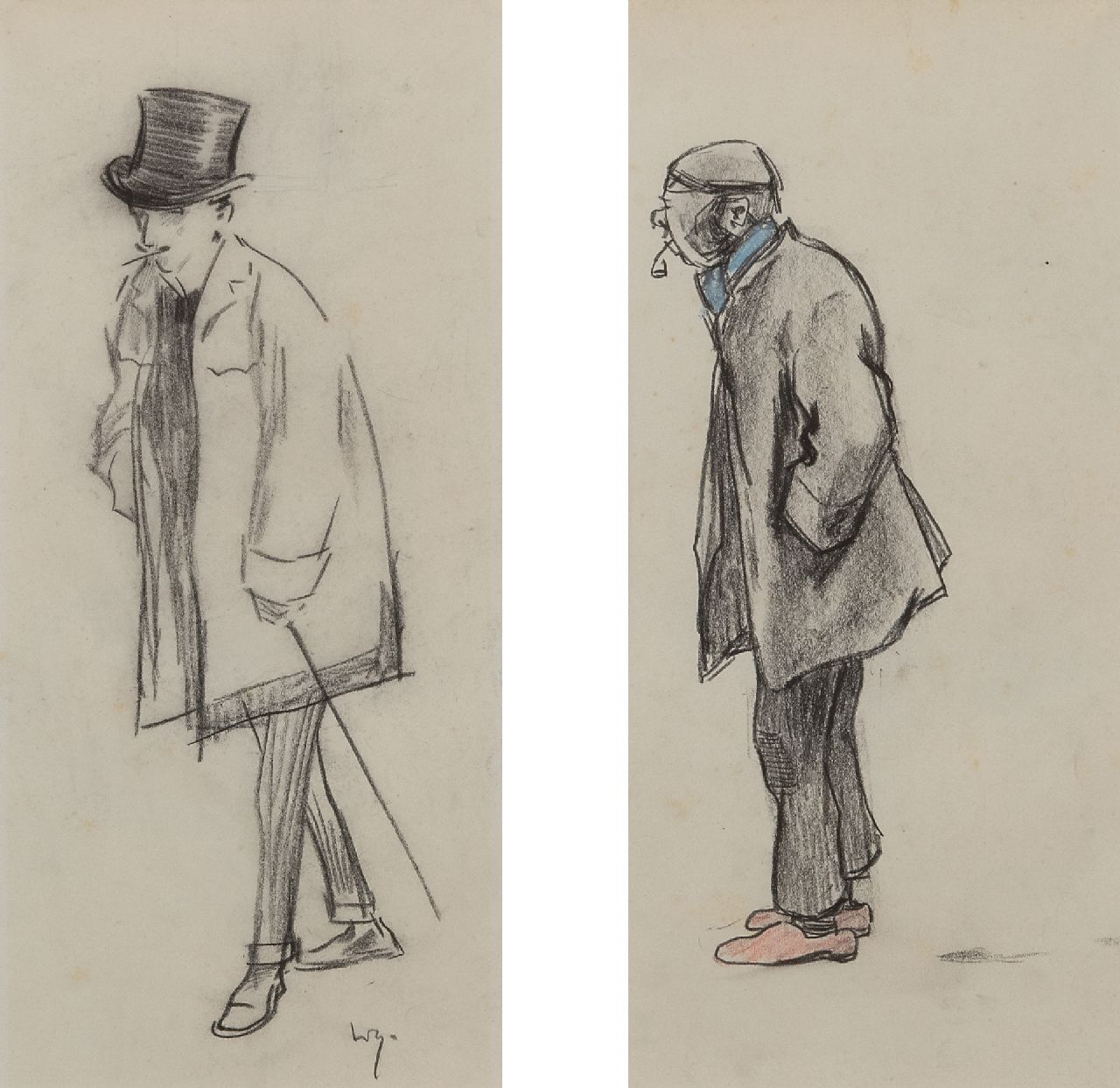 Sluiter J.W. | Jan Willem 'Willy' Sluiter | Aquarellen en tekeningen te koop aangeboden | Een heer met hoge hoed; een werkman met pijp, potlood en kleurpotlood op papier 29,5 x 30,0 cm, gesigneerd linksonder Sluiter J.W. | Jan Willem 'Willy' Sluiter | Aquarellen en tekeningen te koop aangeboden | Een heer met hoge hoed; een werkman met pijp, potlood en kleurpotlood op papier 29,5 x 30,0 cm, gesigneerd linksonder