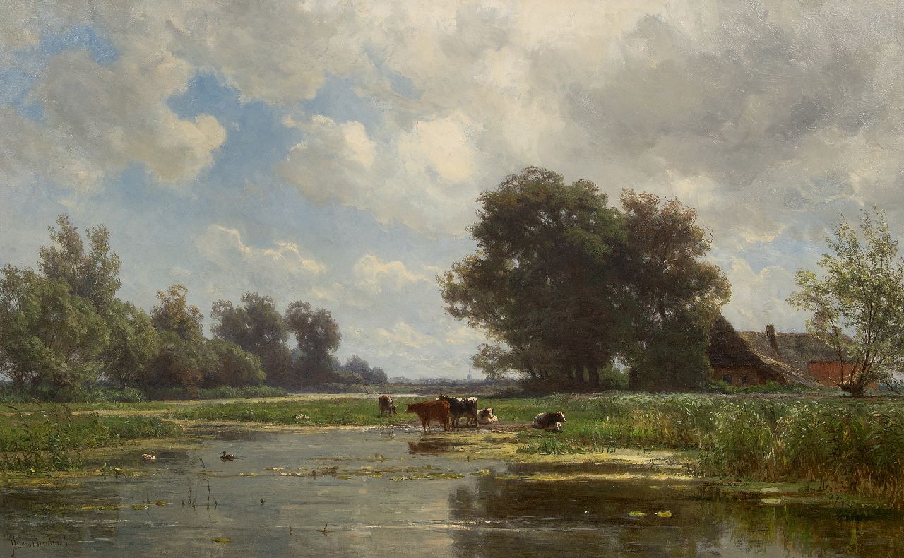 Borselen J.W. van | Jan Willem van Borselen | Schilderijen te koop aangeboden | Koeien aan het water, olieverf op doek 66,2 x 106,6 cm, gesigneerd linksonder