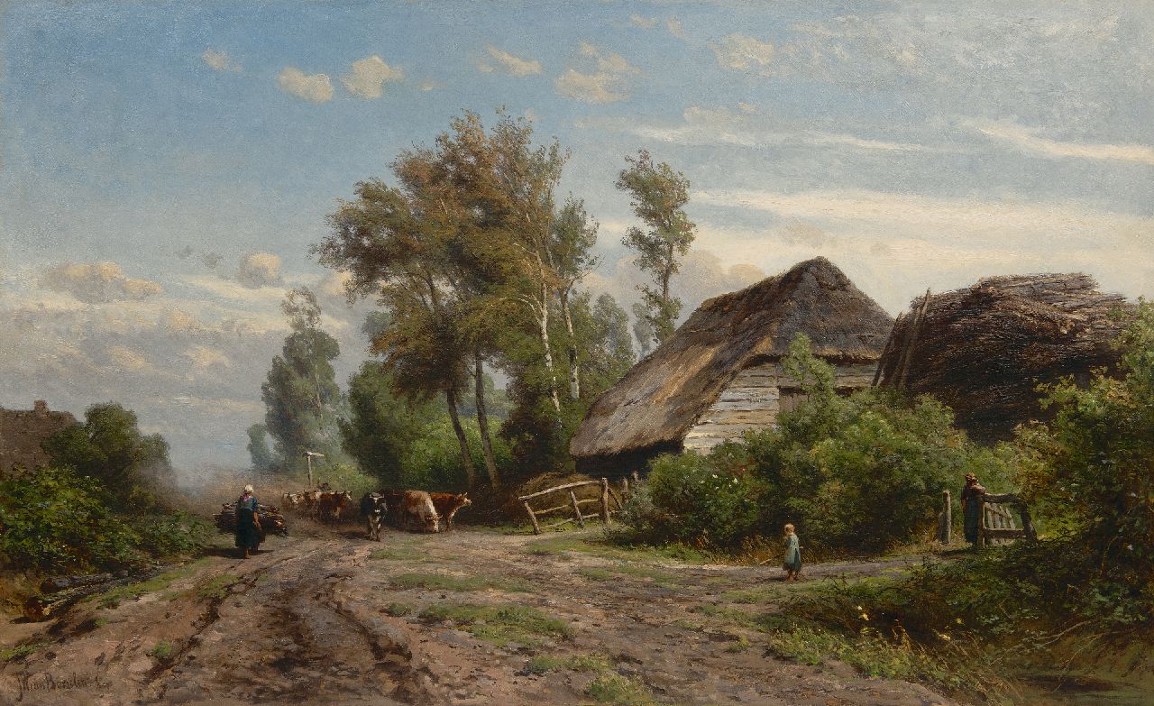Borselen J.W. van | Jan Willem van Borselen | Schilderijen te koop aangeboden | Landvolk en koeien bij een boerderij, olieverf op doek 65,5 x 106,6 cm, gesigneerd linksonder