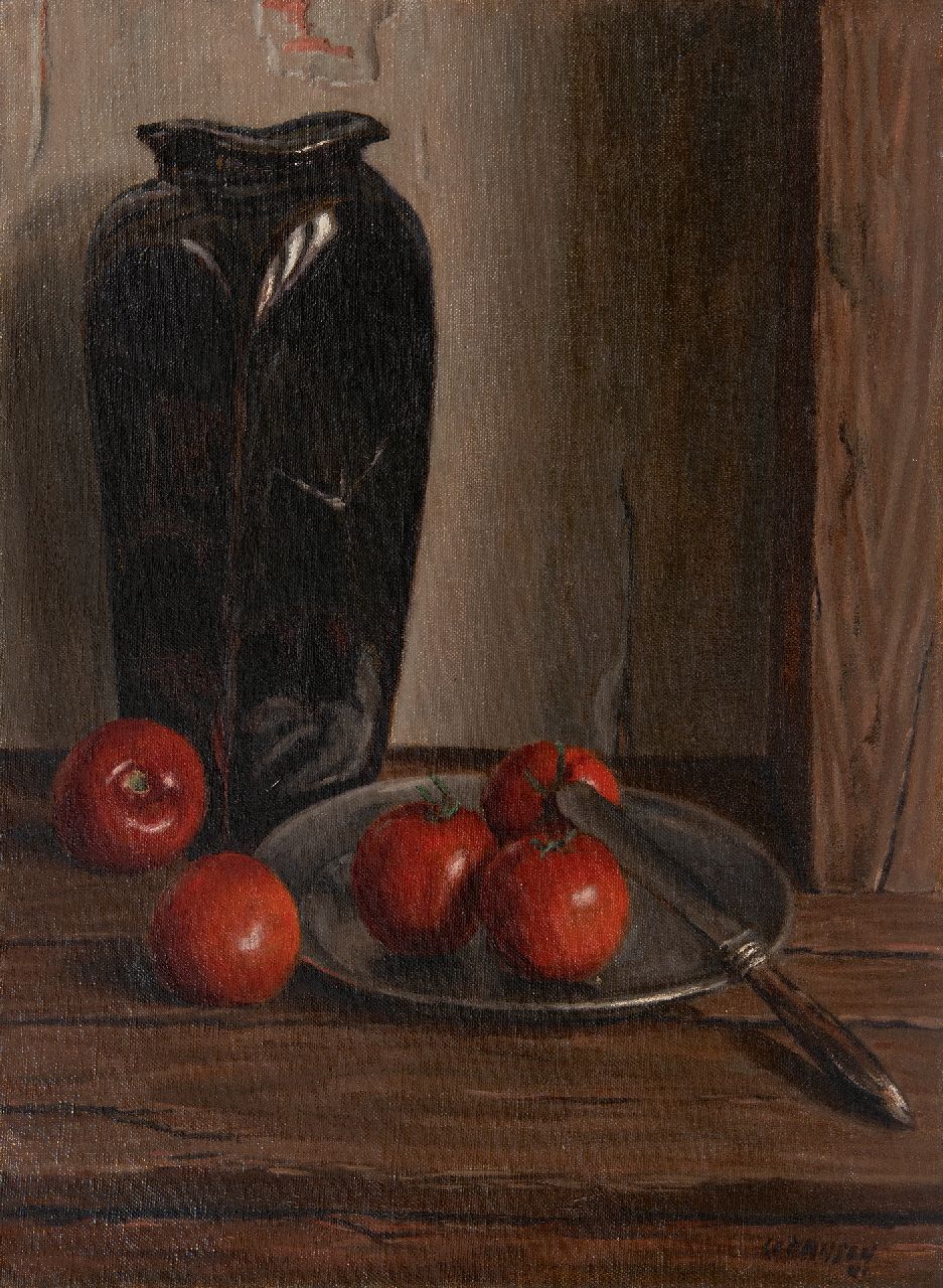 Hansen C.  | Co Hansen | Schilderijen te koop aangeboden | Stilleven met vaas en tomaten, olieverf op doek 54,4 x 40,5 cm