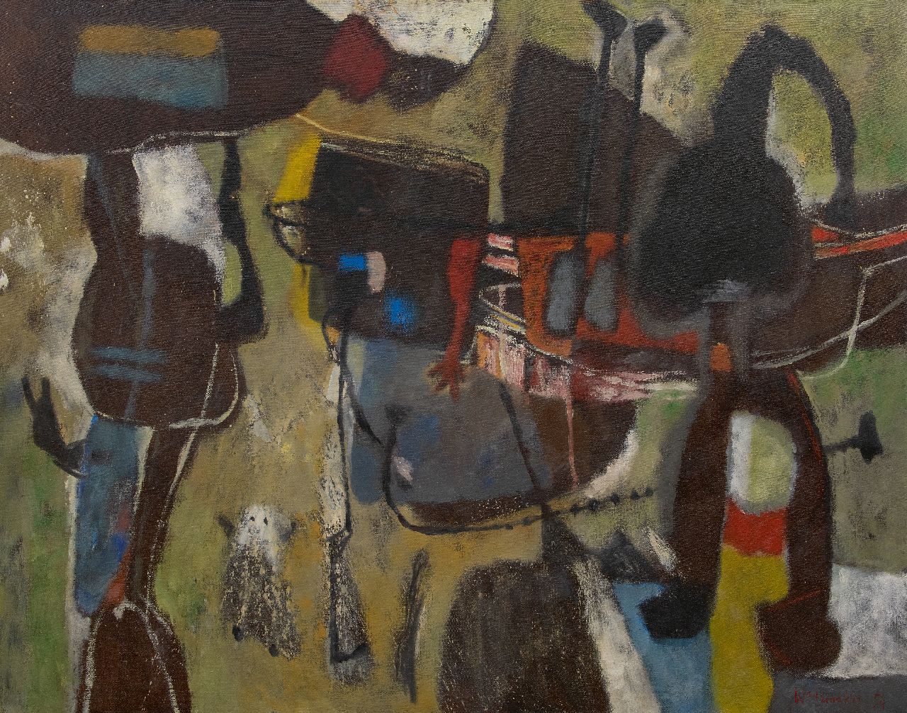 Wagemaker A.B. | Adriaan Barend 'Jaap' Wagemaker | Schilderijen te koop aangeboden | Donkere figuren, olieverf op doek 106,4 x 130,3 cm, gesigneerd rechtsonder en gedateerd '54 Wagemaker A.B. | Adriaan Barend 'Jaap' Wagemaker | Schilderijen te koop aangeboden | Donkere figuren, olieverf op doek 106,4 x 130,3 cm, gesigneerd rechtsonder en gedateerd '54