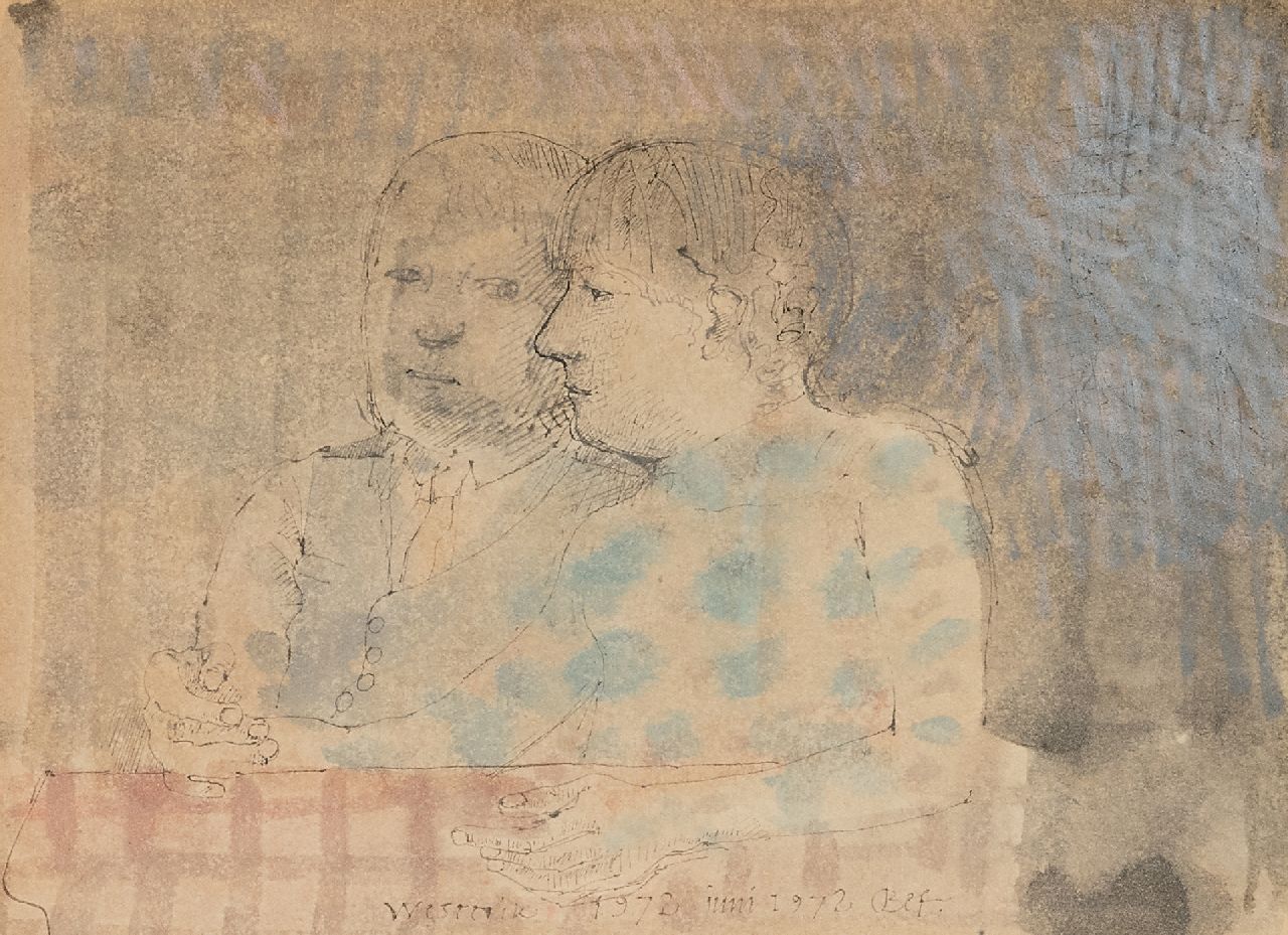 Westerik J. | Jacobus 'Co' Westerik | te koop aangeboden | Samen aan tafel, pen, krijt en aquarel op papier 16,3 x 21,9 cm, gesigneerd middenonder en gedateerd juni 1972 Westerik J. | Jacobus 'Co' Westerik | te koop aangeboden | Samen aan tafel, pen, krijt en aquarel op papier 16,3 x 21,9 cm, gesigneerd middenonder en gedateerd juni 1972