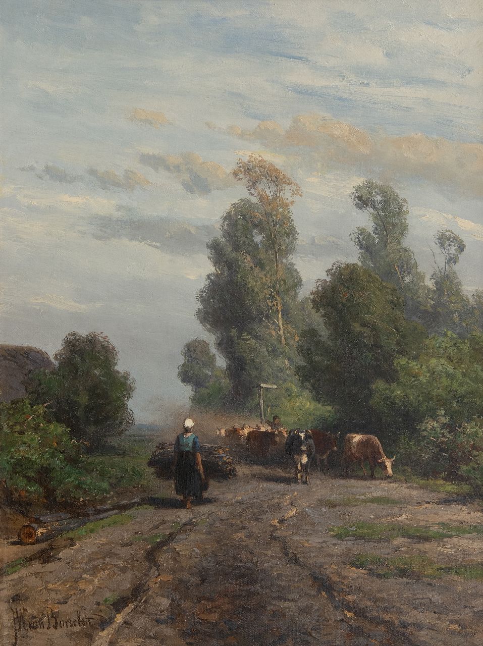 Borselen J.W. van | Jan Willem van Borselen, Zomerlandschap met kudde en herder, olieverf op doek 40,9 x 31,0 cm, gesigneerd linksonder Borselen J.W. van | Jan Willem van Borselen, Zomerlandschap met kudde en herder, olieverf op doek 40,9 x 31,0 cm, gesigneerd linksonder