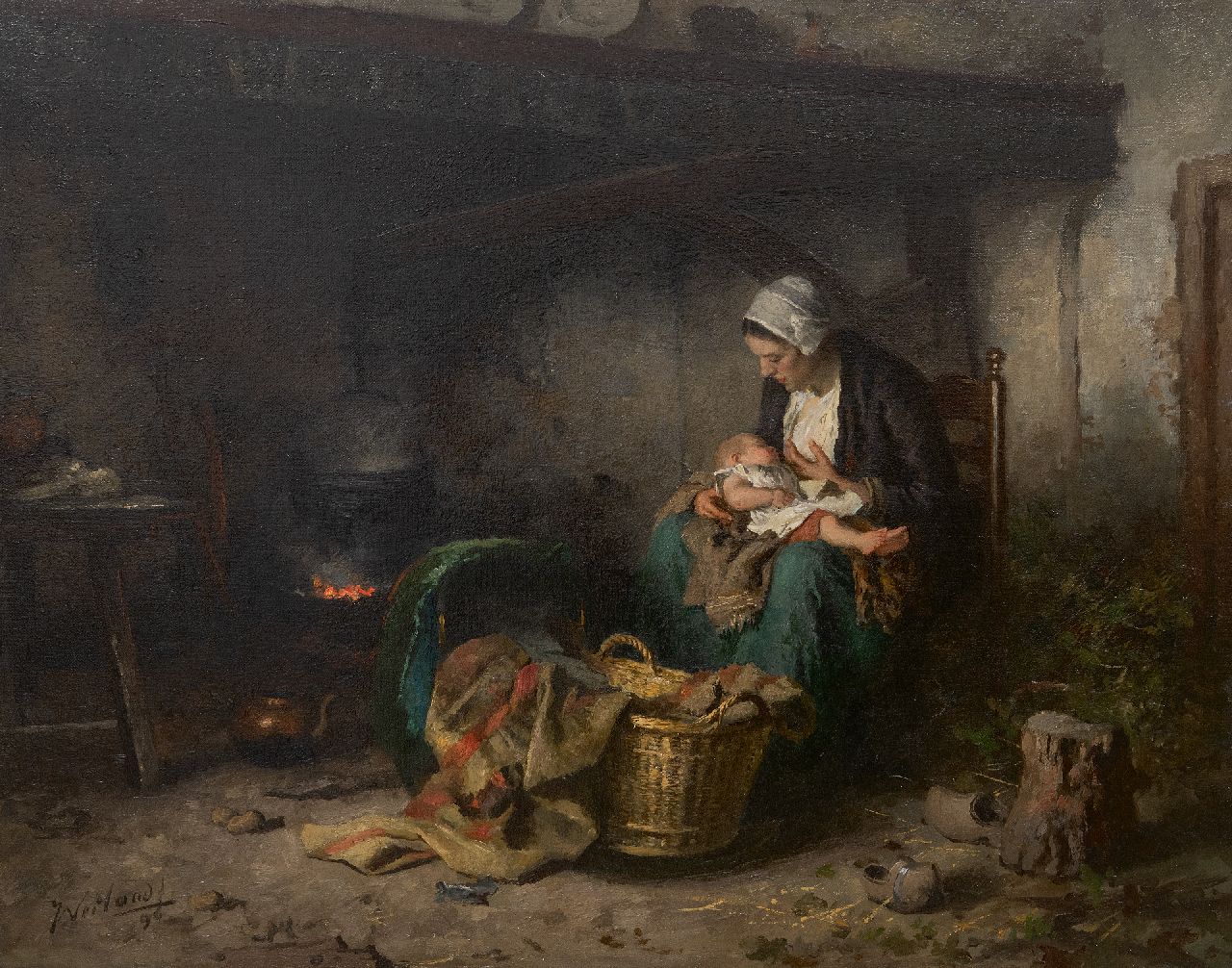 Weiland J.  | Johannes Weiland | Schilderijen te koop aangeboden | Boereninterieur met moeder en kind, olieverf op doek 65,3 x 81,2 cm, gesigneerd linksonder en gedateerd '96