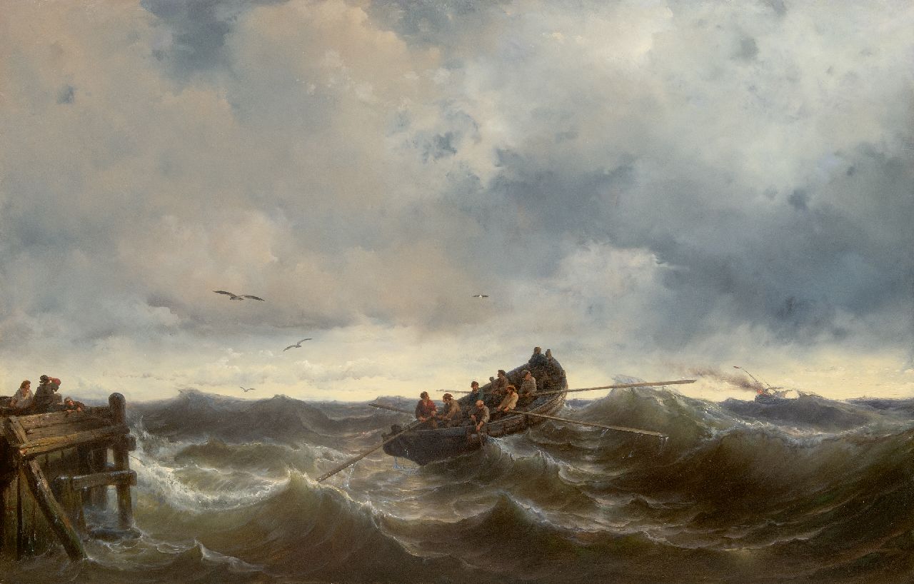 Meijer J.H.L.  | Johan Hendrik 'Louis' Meijer | Schilderijen te koop aangeboden | Uitvarende reddingssloep, olieverf op paneel 85,0 x 130,5 cm, gesigneerd rechtsonder en gedateerd 1857