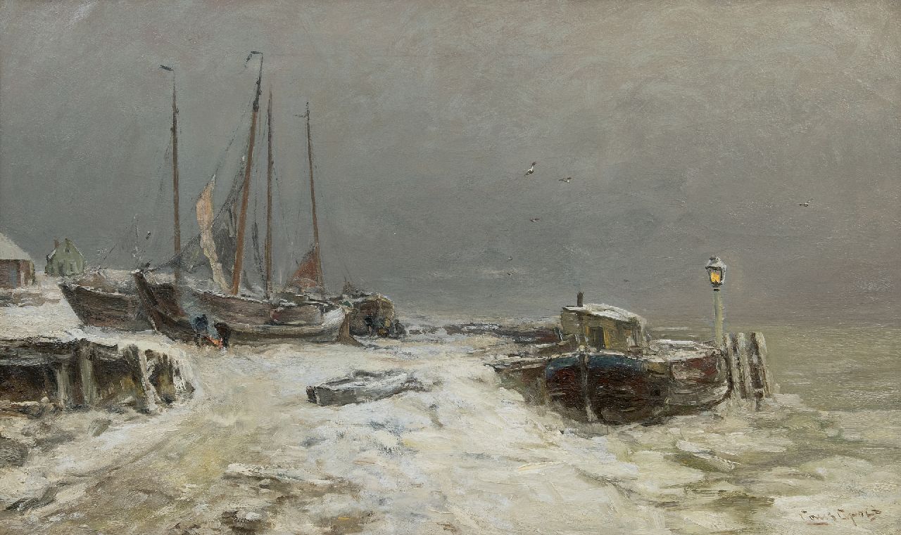 Apol L.F.H.  | Lodewijk Franciscus Hendrik 'Louis' Apol, Winterlandschap met besneeuwde botters, olieverf op doek 60,3 x 103,0 cm, gesigneerd rechtsonder