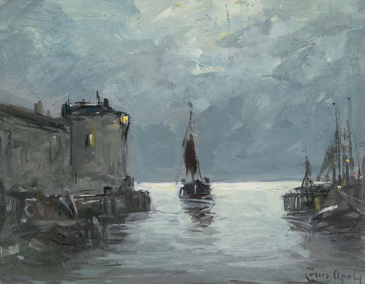 Apol L.F.H. | Lodewijk Franciscus Hendrik 'Louis' Apol, Binnenvarend schip in de haven van Veere, gouache op board 11,2 x 14,2 cm, gesigneerd rechtsonder Apol L.F.H. | Lodewijk Franciscus Hendrik 'Louis' Apol, Binnenvarend schip in de haven van Veere, gouache op board 11,2 x 14,2 cm, gesigneerd rechtsonder