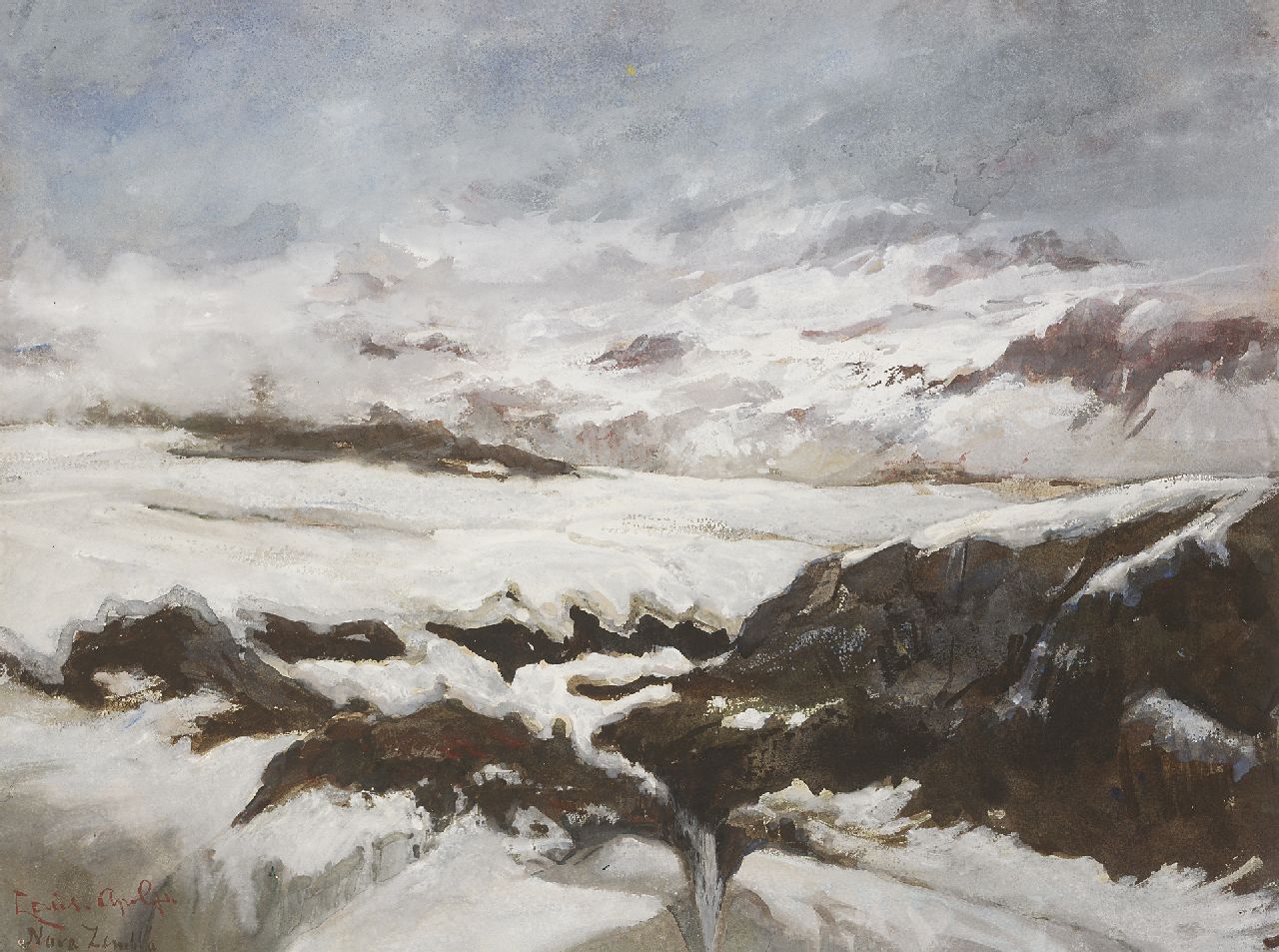 Apol L.F.H.  | Lodewijk Franciscus Hendrik 'Louis' Apol | Aquarellen en tekeningen te koop aangeboden | Op Nova Zembla, gouache op papier 47,5 x 63,0 cm, gesigneerd linksonder en te dateren 1880