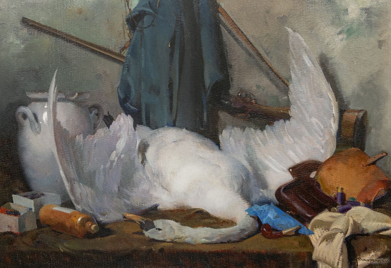 Hem P. van der | Pieter 'Piet' van der Hem | Schilderijen te koop aangeboden | Jachtstilleven met zwaan, olieverf op doek 88,4 x 122,8 cm, gesigneerd rechtsonder Hem P. van der | Pieter 'Piet' van der Hem | Schilderijen te koop aangeboden | Jachtstilleven met zwaan, olieverf op doek 88,4 x 122,8 cm, gesigneerd rechtsonder