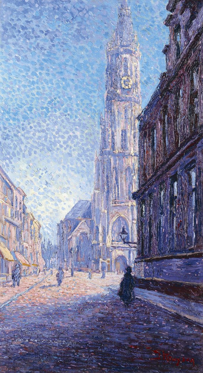 Kruysen J.  | Johannes 'Jan' Kruysen, Markt en toren te Delft bij morgenzon, olieverf op doek 70,5 x 39,2 cm, gesigneerd rechtsonder