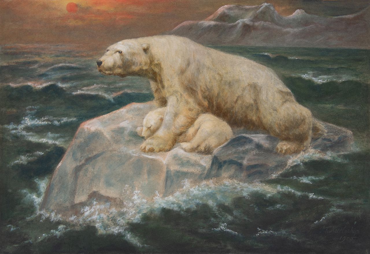 Nettleship J.T. | John Trivett Nettleship, IJsbeer met jong op ijsschots bij zonsondergang, gouache op papier 47,2 x 69,9 cm, gesigneerd rechtsonder en gedateerd 1900 Nettleship J.T. | John Trivett Nettleship, IJsbeer met jong op ijsschots bij zonsondergang, gouache op papier 47,2 x 69,9 cm, gesigneerd rechtsonder en gedateerd 1900