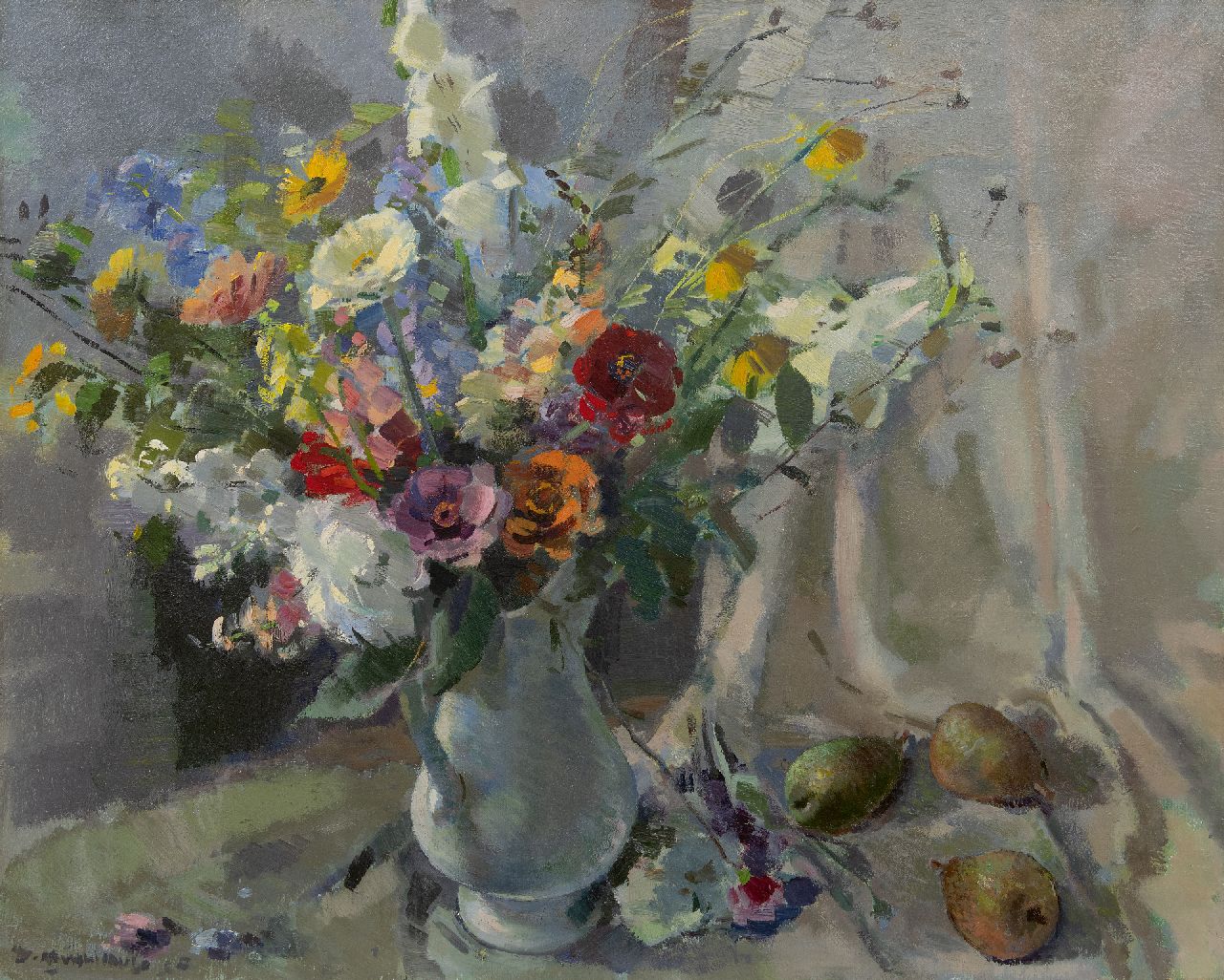Mühlhaus D.  | Daniël 'Daan' Mühlhaus | Schilderijen te koop aangeboden | Stilleven met zomerboeket en peren, olieverf op doek 80,5 x 100,5 cm, gesigneerd linksonder