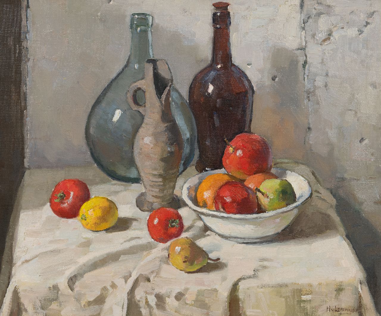 Leeuwen H. van | Hendrik 'Henk' van Leeuwen, Stilleven met flessen en fruit, olieverf op doek 50,1 x 60,2 cm, gesigneerd rechtsonder Leeuwen H. van | Hendrik 'Henk' van Leeuwen, Stilleven met flessen en fruit, olieverf op doek 50,1 x 60,2 cm, gesigneerd rechtsonder