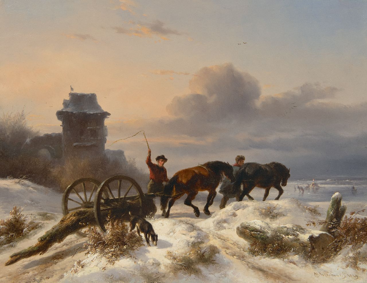 Verschuur W.  | Wouterus Verschuur | Schilderijen te koop aangeboden | Voermannen met mallejan in een winterlandschap, olieverf op paneel 27,2 x 35,0 cm, gesigneerd rechtsonder en gedateerd 1849