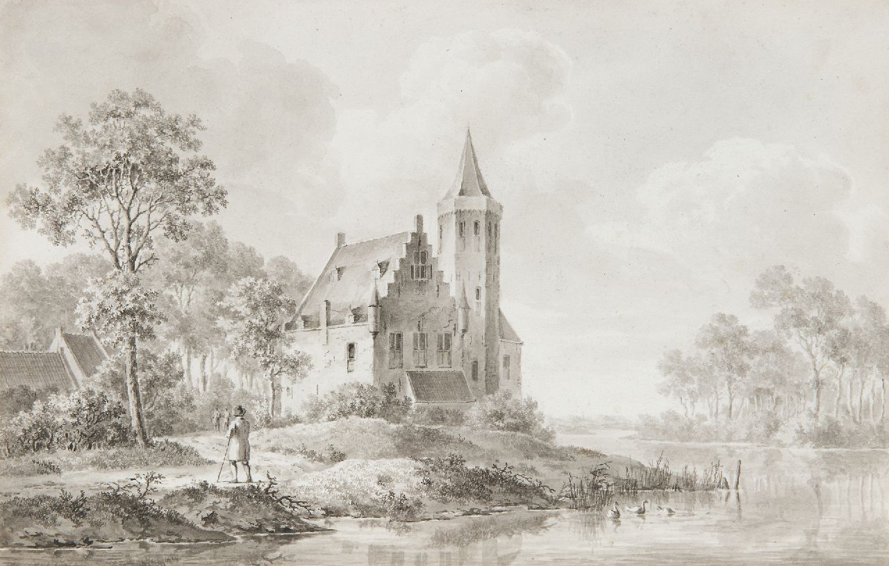 Koekkoek B.C. | Barend Cornelis Koekkoek, Reizigers bij een kasteel op de rivieroever, gewassen inkt op papier 18,0 x 27,5 cm Koekkoek B.C. | Barend Cornelis Koekkoek, Reizigers bij een kasteel op de rivieroever, gewassen inkt op papier 18,0 x 27,5 cm