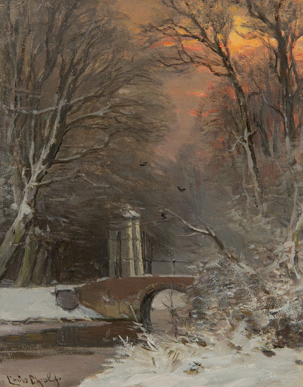 Apol L.F.H.  | Lodewijk Franciscus Hendrik 'Louis' Apol, Doorkijkje in besneeuwd bos bij schemering, olieverf op paneel 27,4 x 21,9 cm, gesigneerd linksonder
