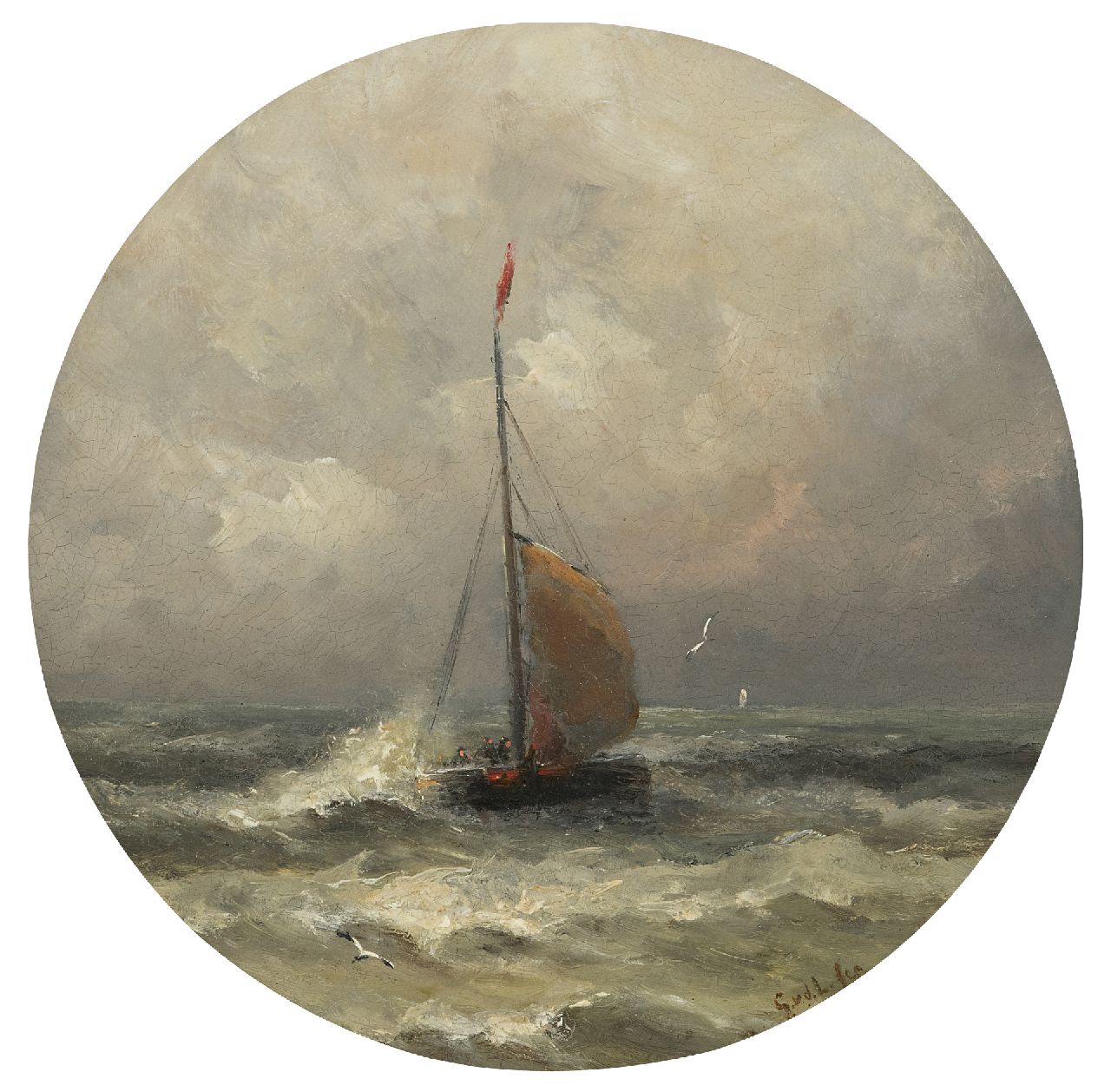 Laan G. van der | Gerard van der Laan | Schilderijen te koop aangeboden | Aankomende bomschuit, olieverf op porselein 28,3 x 28,3 cm, gesigneerd rechtsonder met initialen Laan G. van der | Gerard van der Laan | Schilderijen te koop aangeboden | Aankomende bomschuit, olieverf op porselein 28,3 x 28,3 cm, gesigneerd rechtsonder met initialen