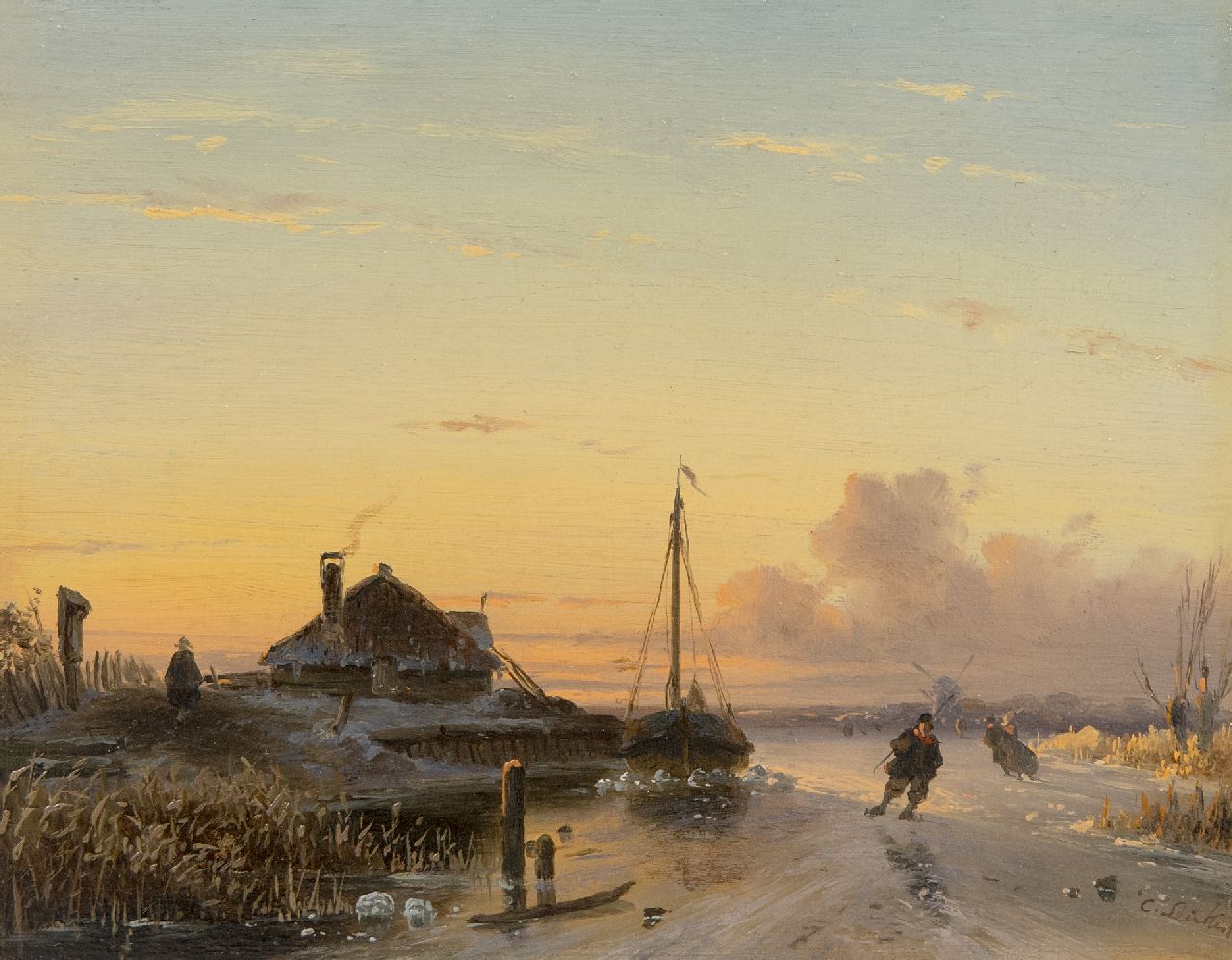 Leickert C.H.J.  | 'Charles' Henri Joseph Leickert, Schaatsers op het ijs bij ondergaande zon  i.o., olieverf op paneel 17,0 x 21,0 cm, gesigneerd rechtsonder en te dateren ca. 1846-50