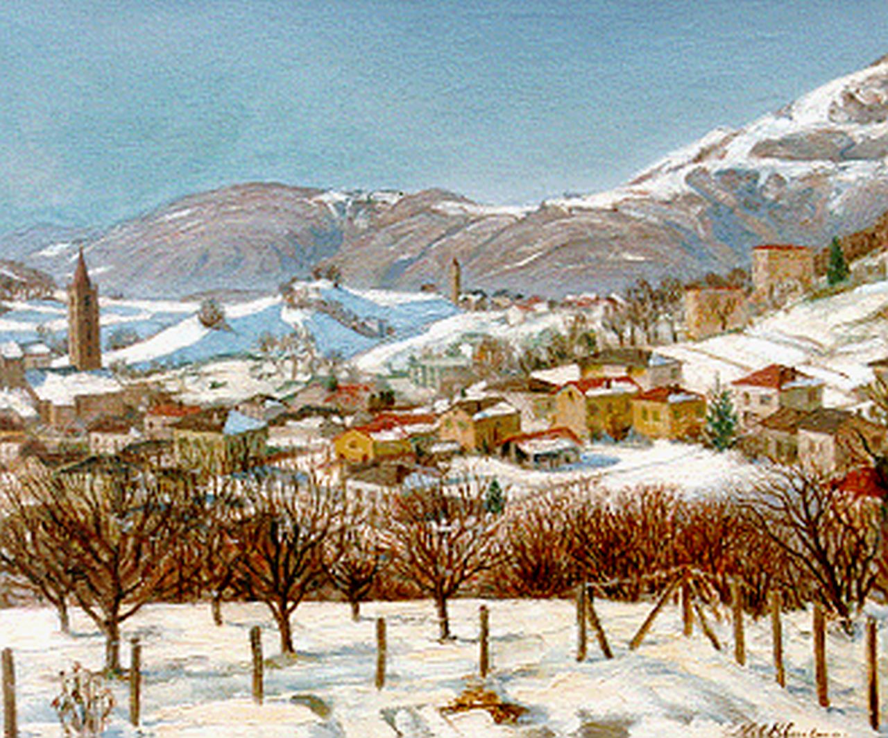 Kluitman P.J.M. | Petronella Johanna Marie 'Nel' Kluitman, Dorp aan de voet van een berg, olieverf op doek 49,8 x 59,9 cm, gesigneerd rechtsonder en gedateerd Jan. '70 Kluitman P.J.M. | Petronella Johanna Marie 'Nel' Kluitman, Dorp aan de voet van een berg, olieverf op doek 49,8 x 59,9 cm, gesigneerd rechtsonder en gedateerd Jan. '70