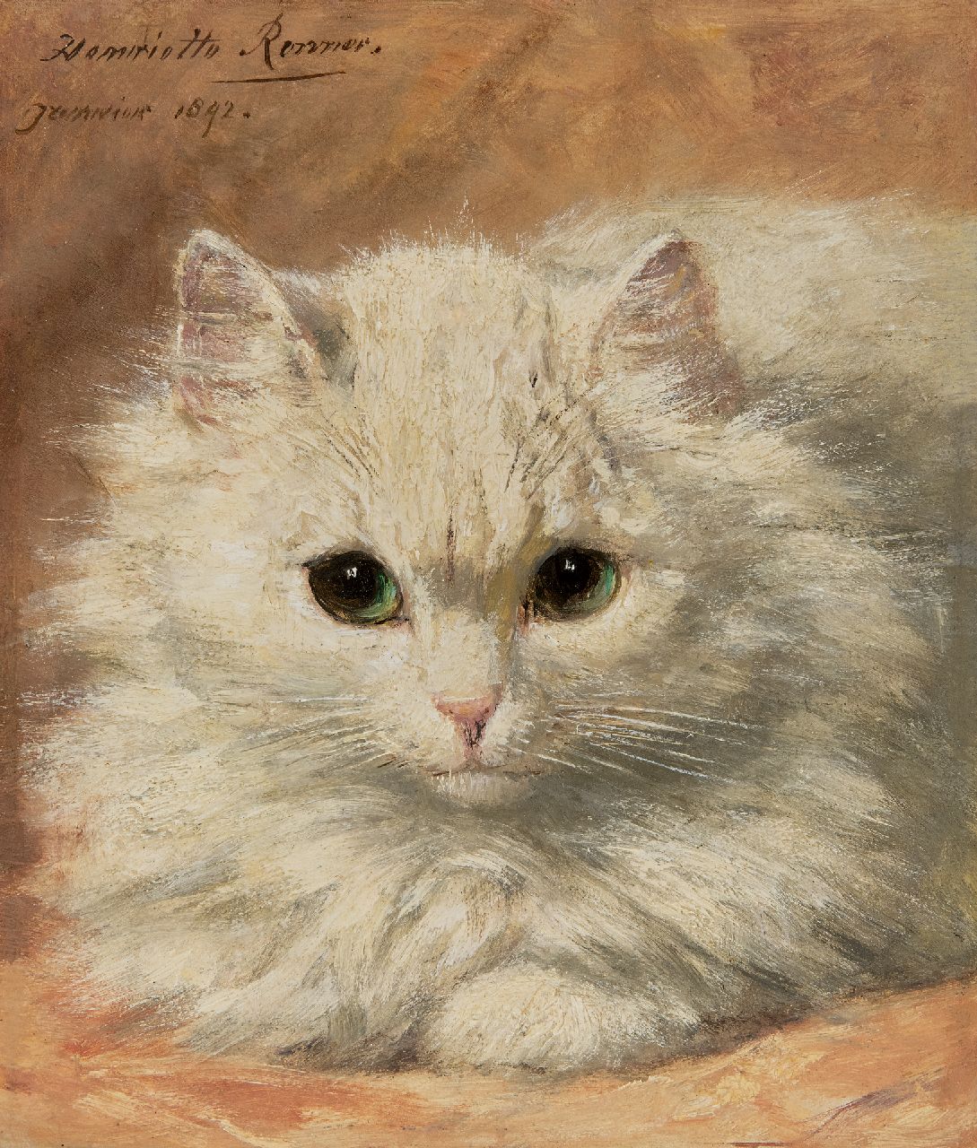 Ronner-Knip H.  | Henriette Ronner-Knip, Kopje van wit angorakatje, olieverf op paneel 22,8 x 19,2 cm, gesigneerd linksboven en gedateerd 'Janvier' 1892