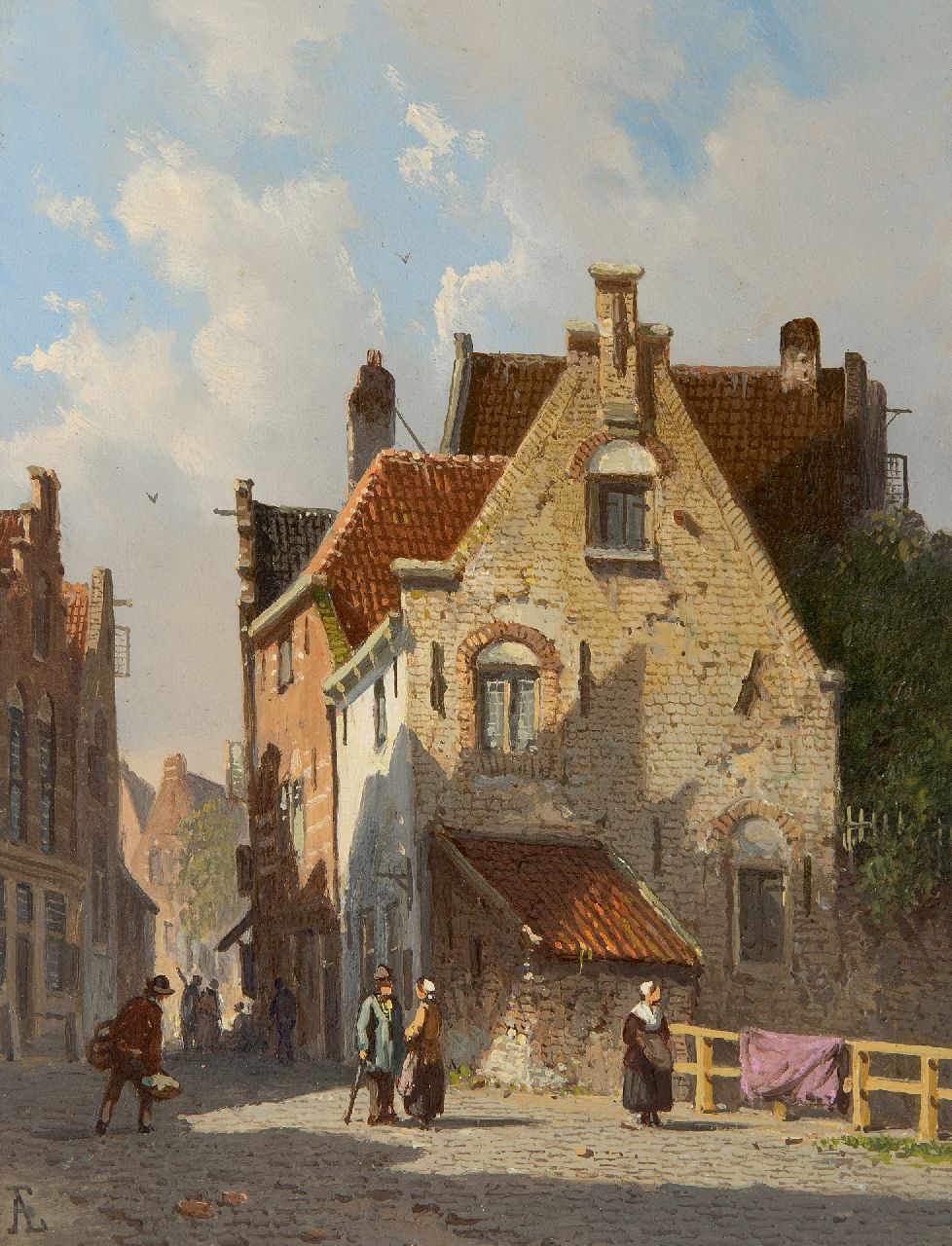 Eversen A. | Adrianus Eversen | Schilderijen te koop aangeboden | Zonnig straatje met figuren (pendant van winter 18901), olieverf op paneel 19,1 x 14,5 cm, gesigneerd linksonder met monogram Eversen A. | Adrianus Eversen | Schilderijen te koop aangeboden | Zonnig straatje met figuren (pendant van winter 18901), olieverf op paneel 19,1 x 14,5 cm, gesigneerd linksonder met monogram