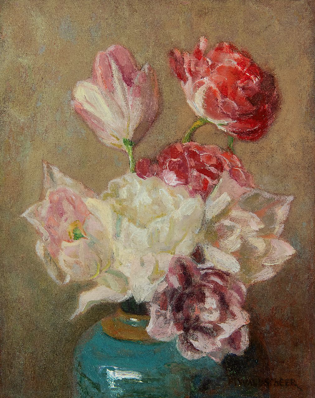 Wandscheer M.W. | Maria Wilhelmina 'Marie' Wandscheer, Dubbele tulpen in gemberpot, olieverf op doek 30,0 x 23,8 cm, gesigneerd rechtsonder Wandscheer M.W. | Maria Wilhelmina 'Marie' Wandscheer, Dubbele tulpen in gemberpot, olieverf op doek 30,0 x 23,8 cm, gesigneerd rechtsonder