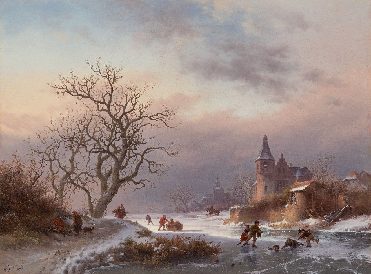 Kruseman F.M.  | Frederik Marinus Kruseman, Winterlandschap met schaatsers op een bevroren rivier, olieverf op paneel 29,0 x 39,0 cm, gesigneerd linksonder en gedateerd 1855