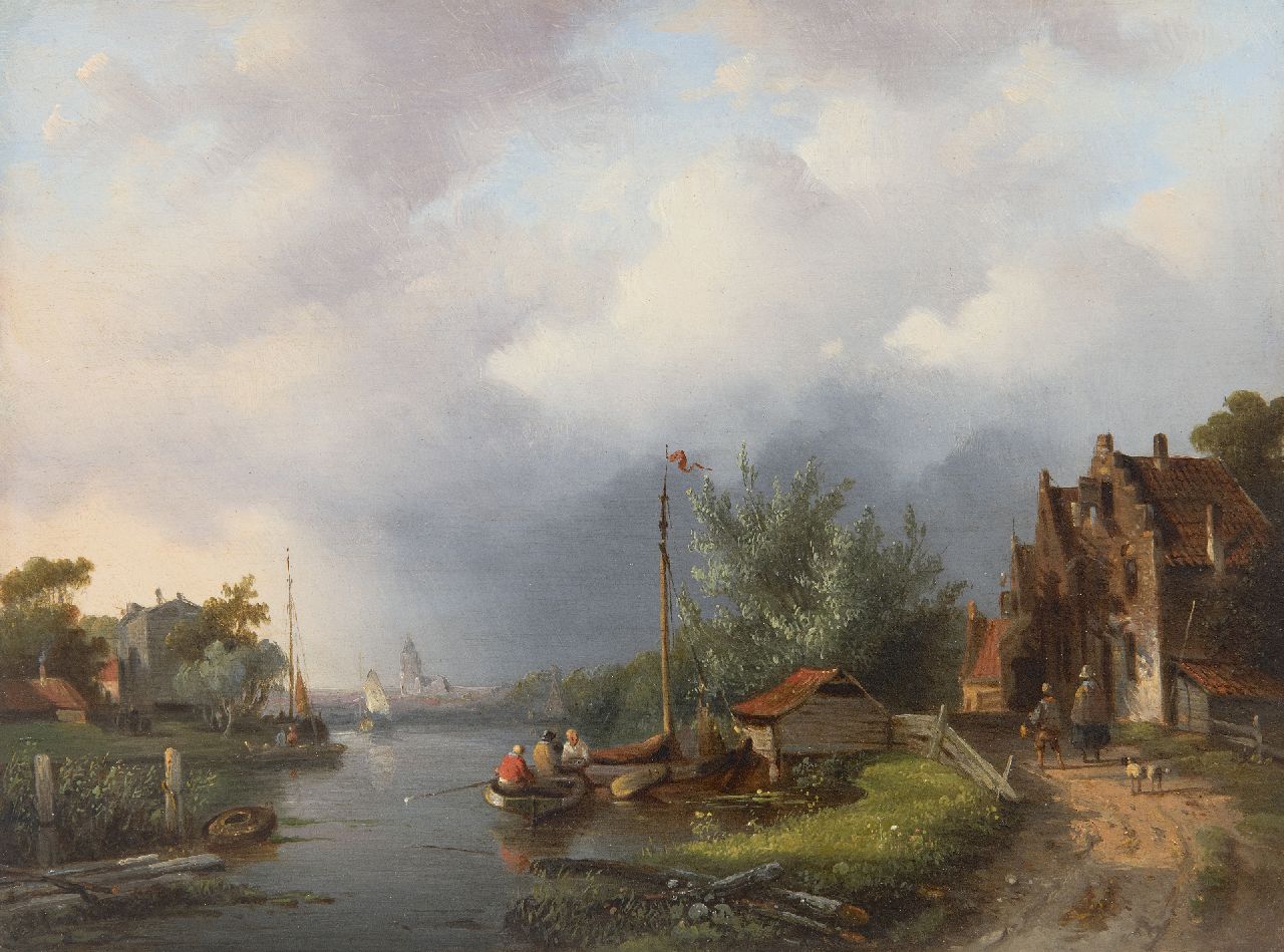 Stok J. van der | Jacobus van der Stok, Zomers dorpje aan een rivier, olieverf op paneel 21,1 x 28,1 cm, zonder lijst