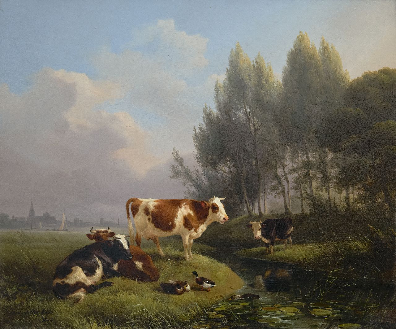 Ronner-Knip H.  | Henriette Ronner-Knip, Rustend vee in een wei, Den Bosch in de verte, olieverf op paneel 33,0 x 39,2 cm, gesigneerd linksonder en gedateerd 1845