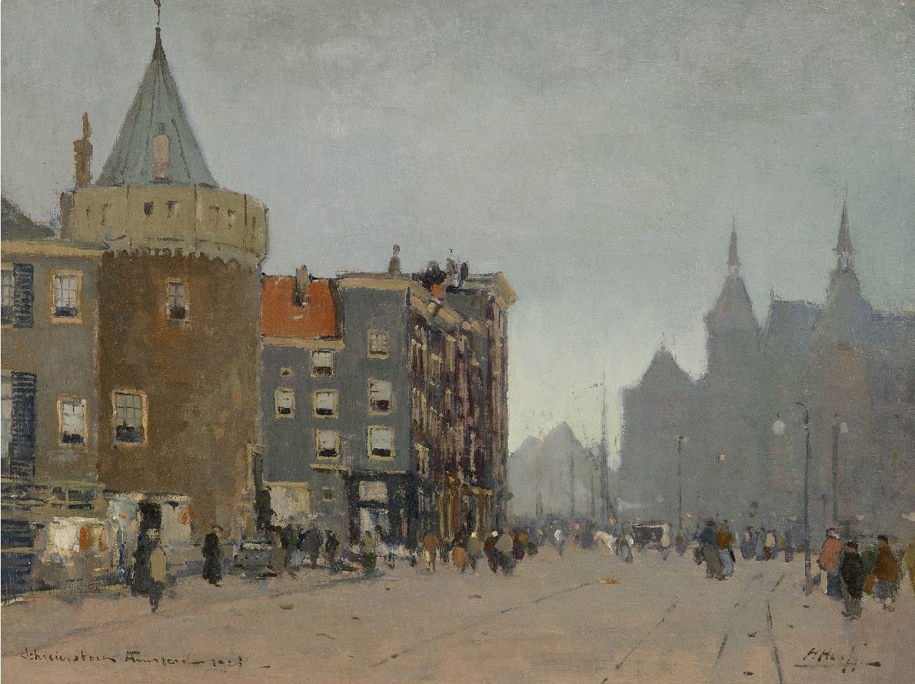 Heuff H.D. | 'Herman' Davinus Heuff | Schilderijen te koop aangeboden | De Prins Hendrikkade met de Scheierstoren, Amsterdam, olieverf op doek op board 35,1 x 47,1 cm, gesigneerd rechtsonder en gedateerd 1923, zonder lijst Heuff H.D. | 'Herman' Davinus Heuff | Schilderijen te koop aangeboden | De Prins Hendrikkade met de Scheierstoren, Amsterdam, olieverf op doek op board 35,1 x 47,1 cm, gesigneerd rechtsonder en gedateerd 1923, zonder lijst
